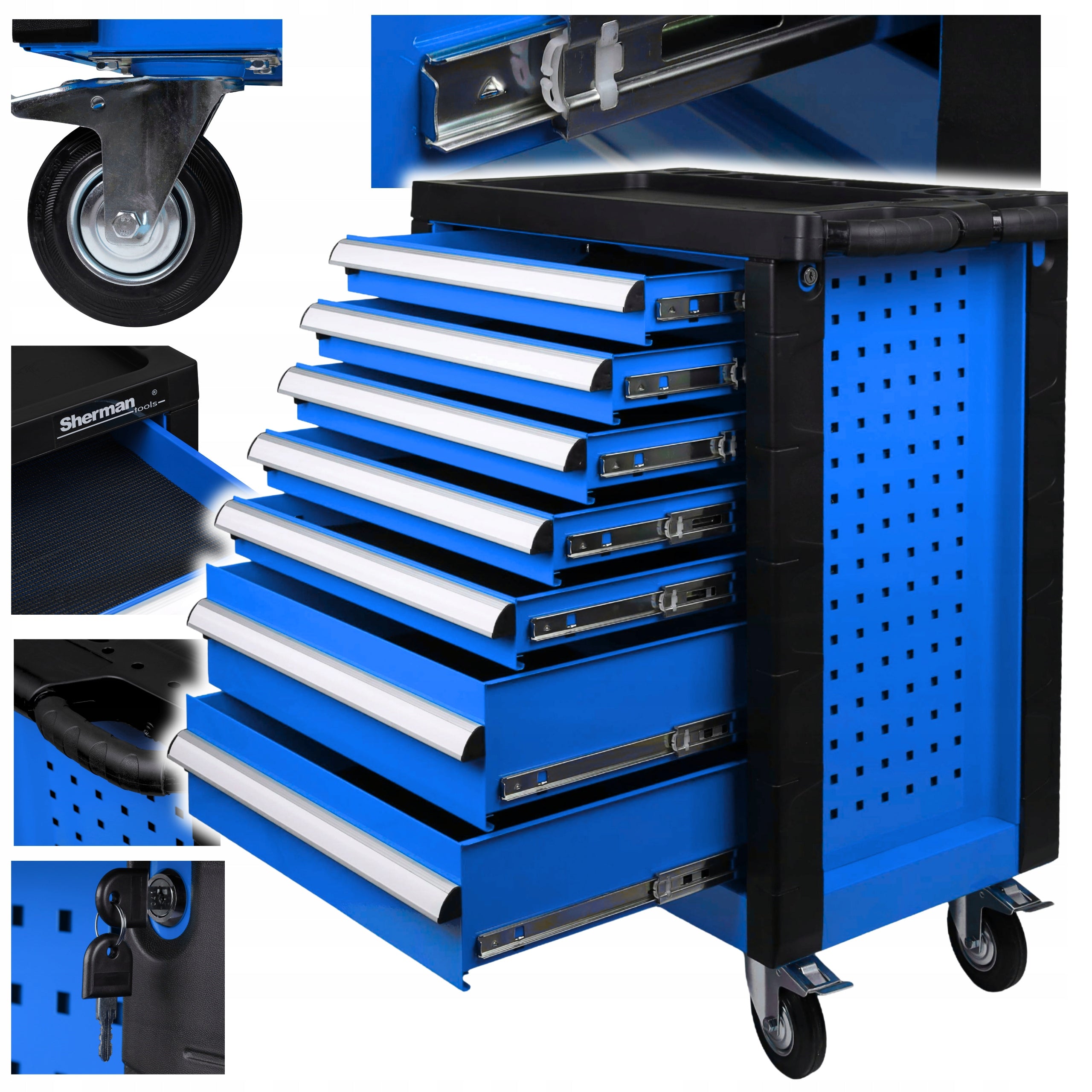 TOOL TROLLEY WORKSHOP CABINET ON WHEELS SHERMAN 7 DRAWERS BLUE