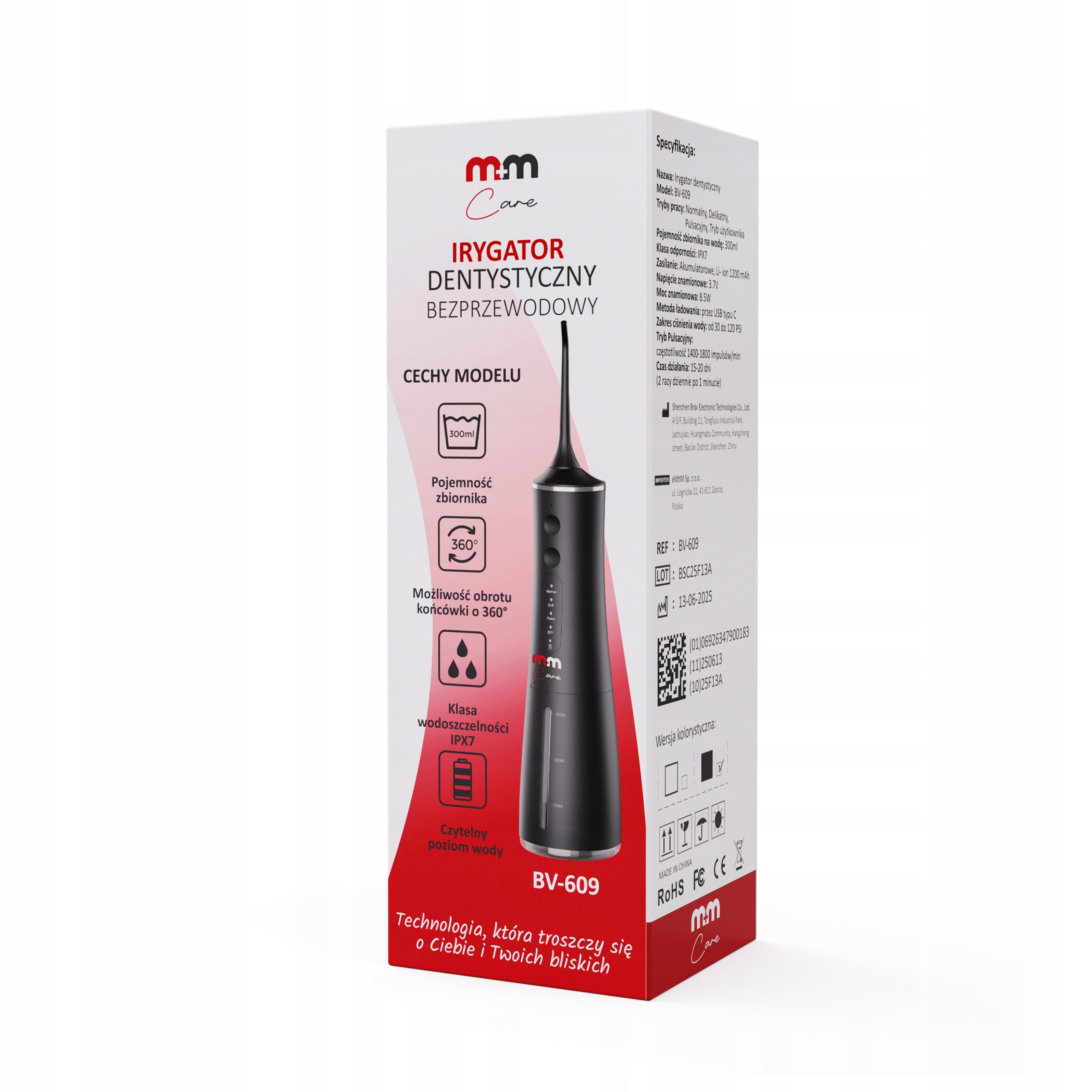 TOOTHBRUSH WIRELESS DENTAL M+MCARE FLOSSER 8 NOZZLES BLACK Model BV-609