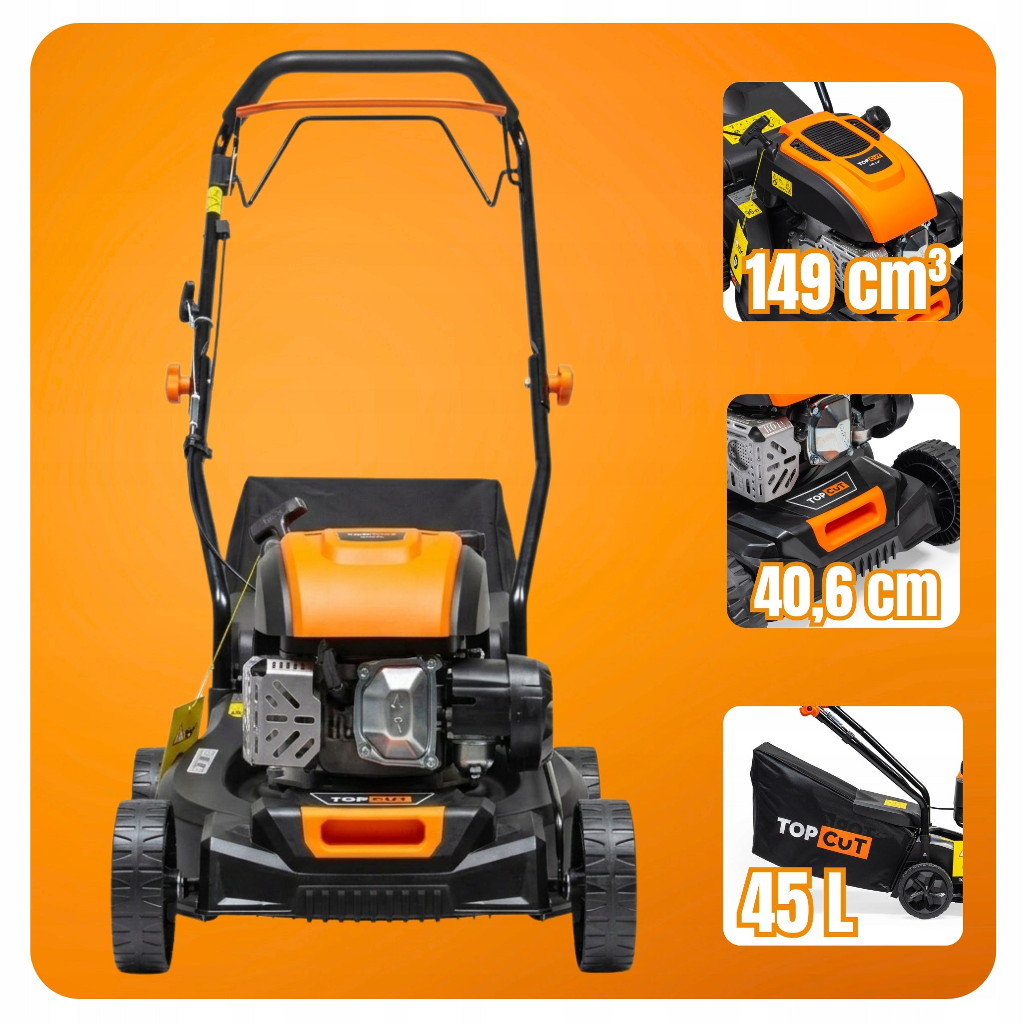 TOP CUT LAWN MOWER WITHOUT DRIVE 149CC 40CM 45L REVERSIBLE LIGHT Packaging status original