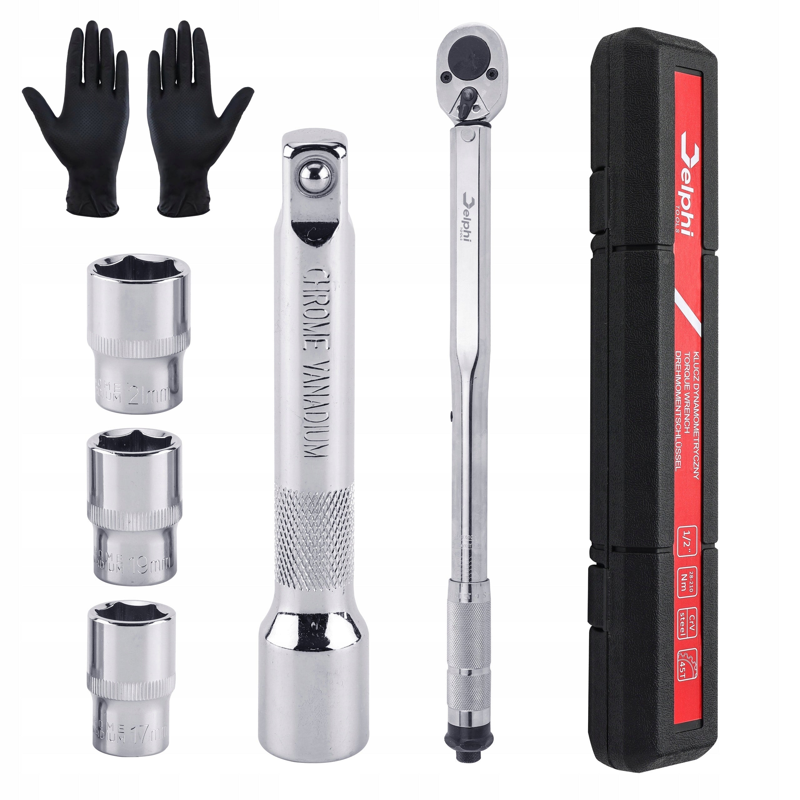 TORQUE WRENCH 1/2 28-210Nm CrMO & CrV + 3 CAPS 17,19,21 mm +- 4% Manufacturer code Klucz Delphi nasadki: 17, 19, 21 mm 1/2"