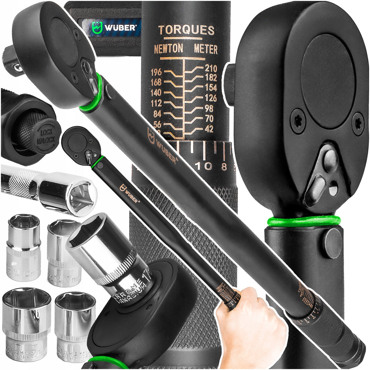 TORQUE WRENCH 1/2" 28-210Nm CrMO IN CASE +4 CAPS
