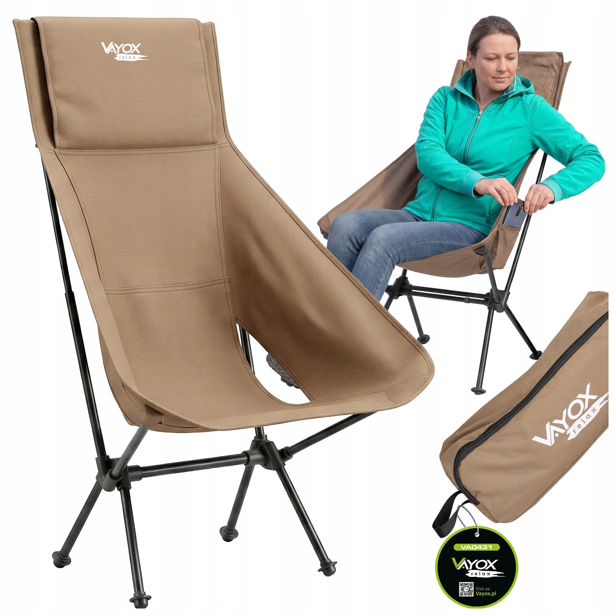 TOURIST CHAIR FOLDING CAMPING LOUNGER WITH BACKREST COVER PRO VAYOX