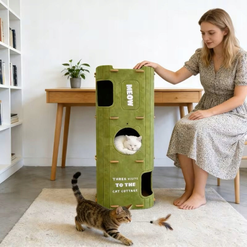 TOWER CAT BED WITH SCRATCHING POST LARGE COTTAGE 90X34X34CM SOFT 4 LEVEL Kind outdoor cat house