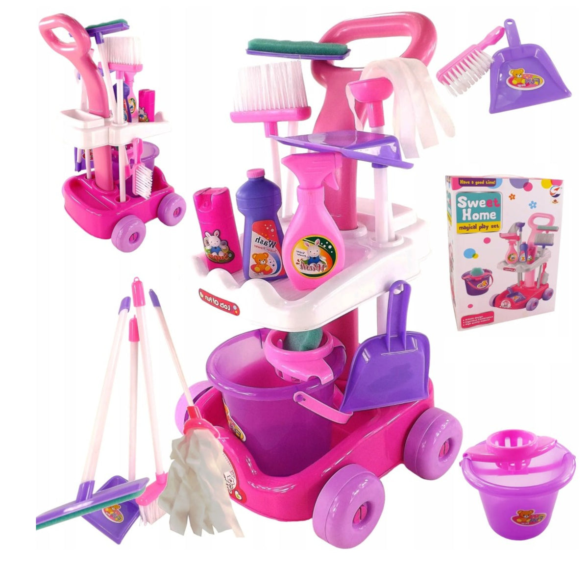 TOY CLEANING KIT PINK CART SWEEPER SPONGE MOP BUCKET