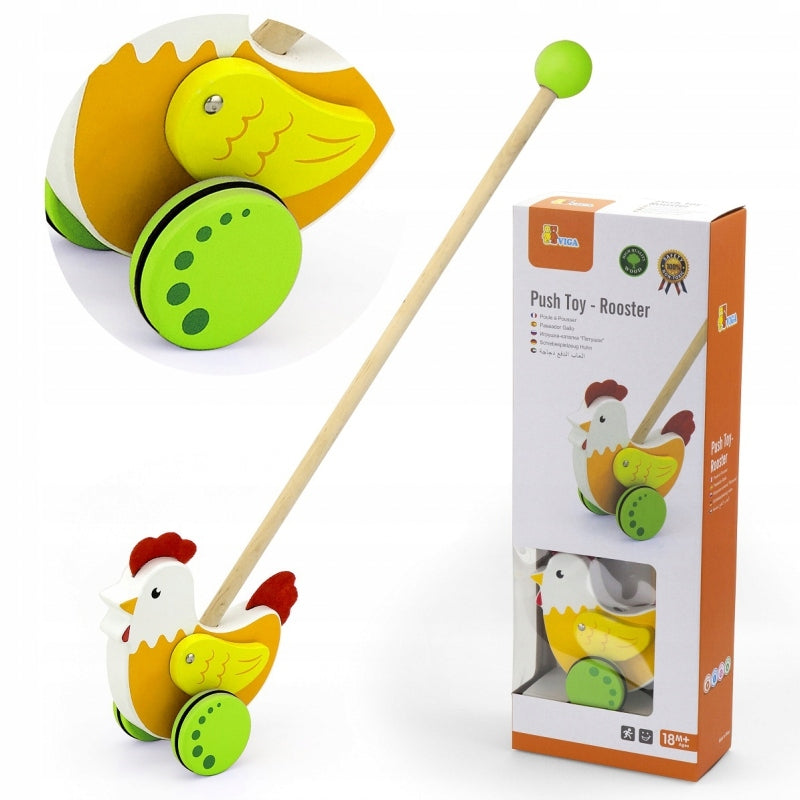 TOY COCKEREL PUSHER ON STICK COMPANION WALKS VIGA FOR THE YOUNGEST