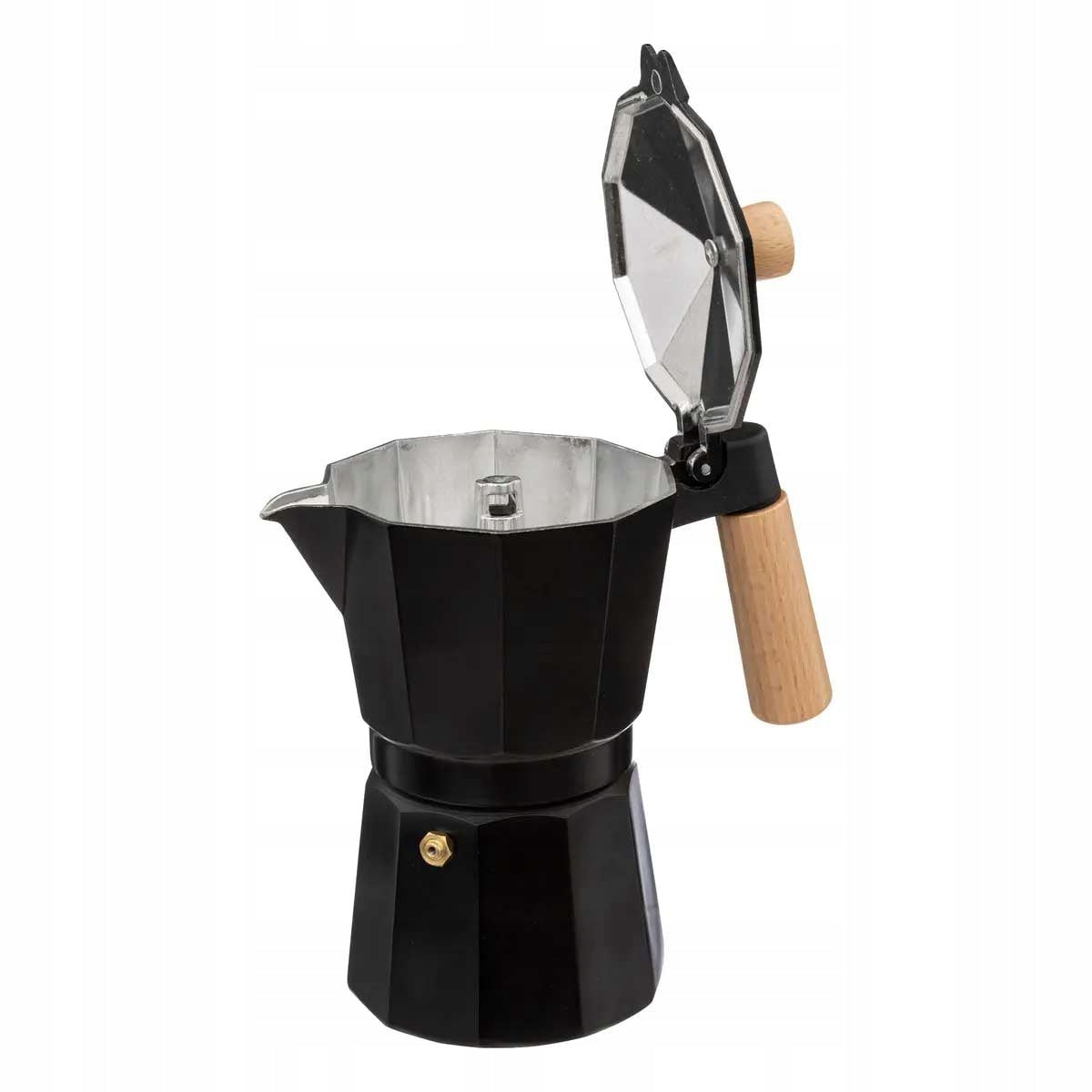 TRADITIONAL ALUMINUM BLACK COFFEE MAKER WITH WOODEN HOLDER FOR 6 CUPS Brand Secret De Gourmet
