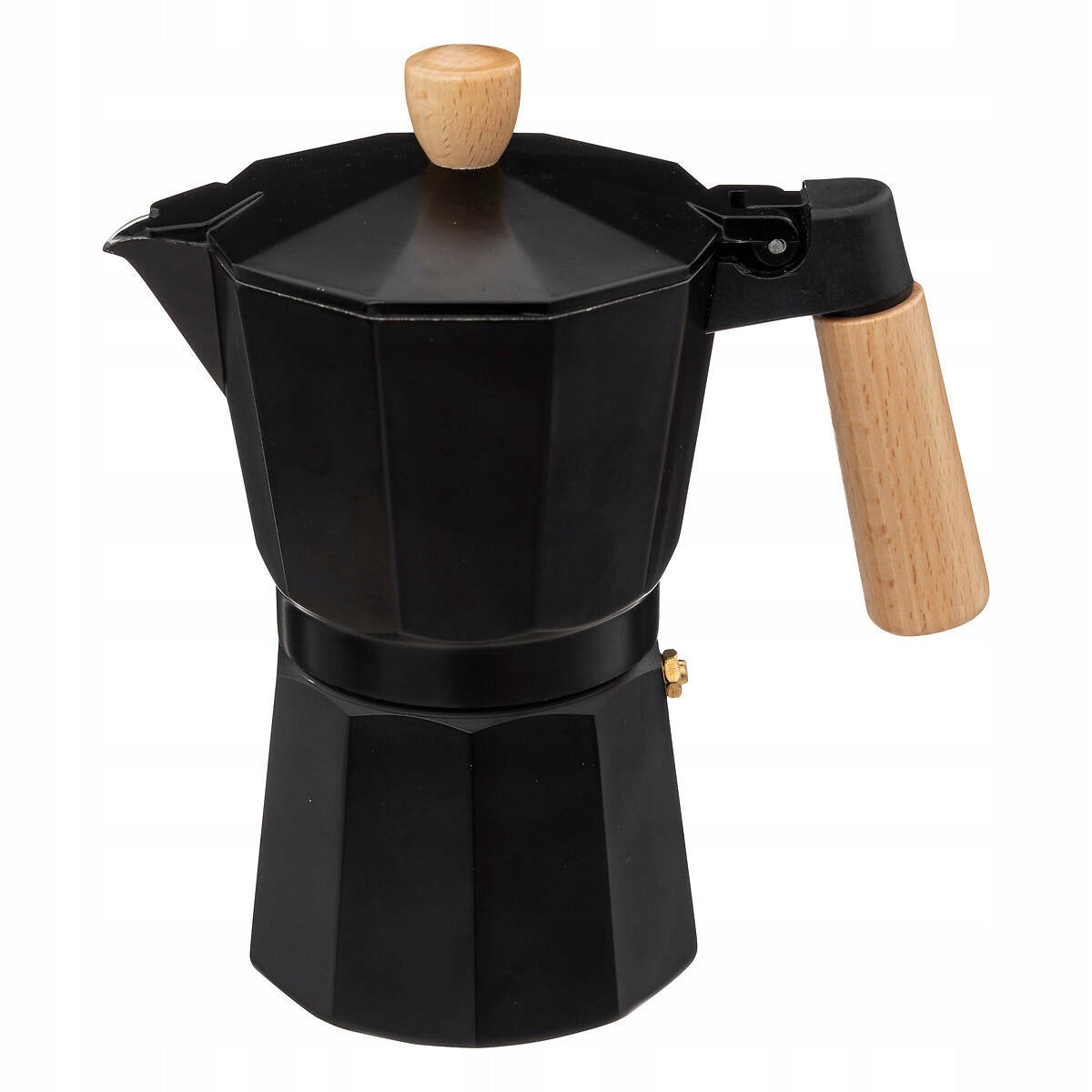 TRADITIONAL ALUMINUM BLACK COFFEE MAKER WITH WOODEN HOLDER FOR 6 CUPS