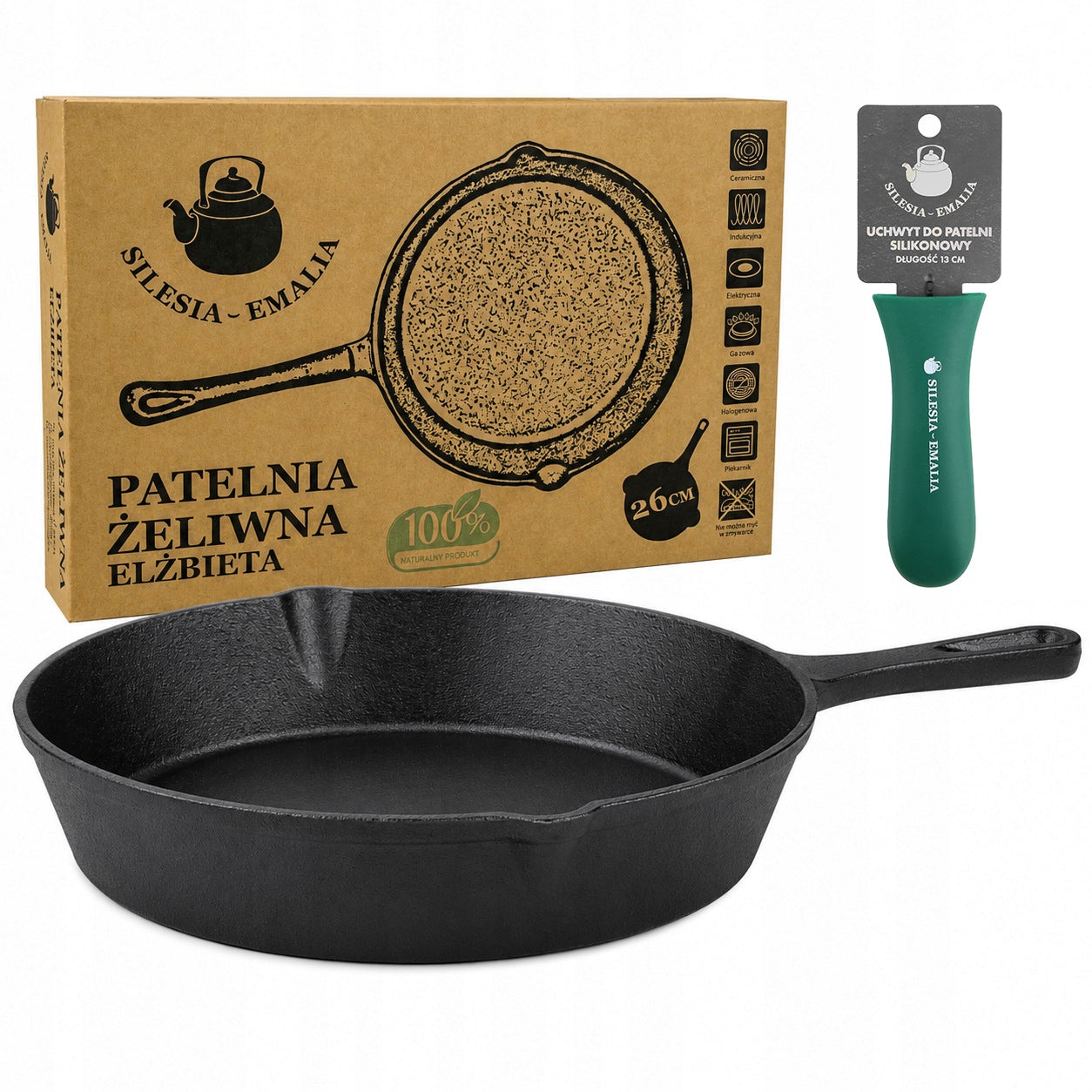 TRADITIONAL CAST IRON PAN 26CM INDUCTION GAS OVEN SILICONE HOLDER