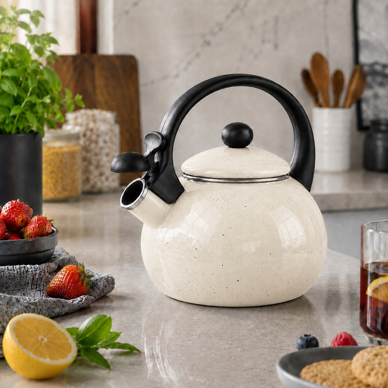 TRADITIONAL ENAMEL KETTLE WITH WHISTLE GAS INDUCTION CREAM MARBLE 2,2L Manufacturer code 5905155018939
