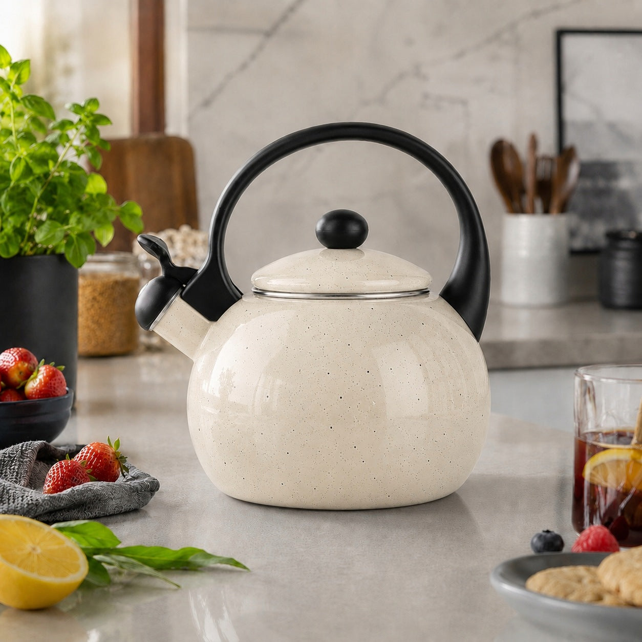 TRADITIONAL ENAMEL KETTLE WITH WHISTLE GAS INDUCTION CREAM MARBLE 2,2L Packaging status original