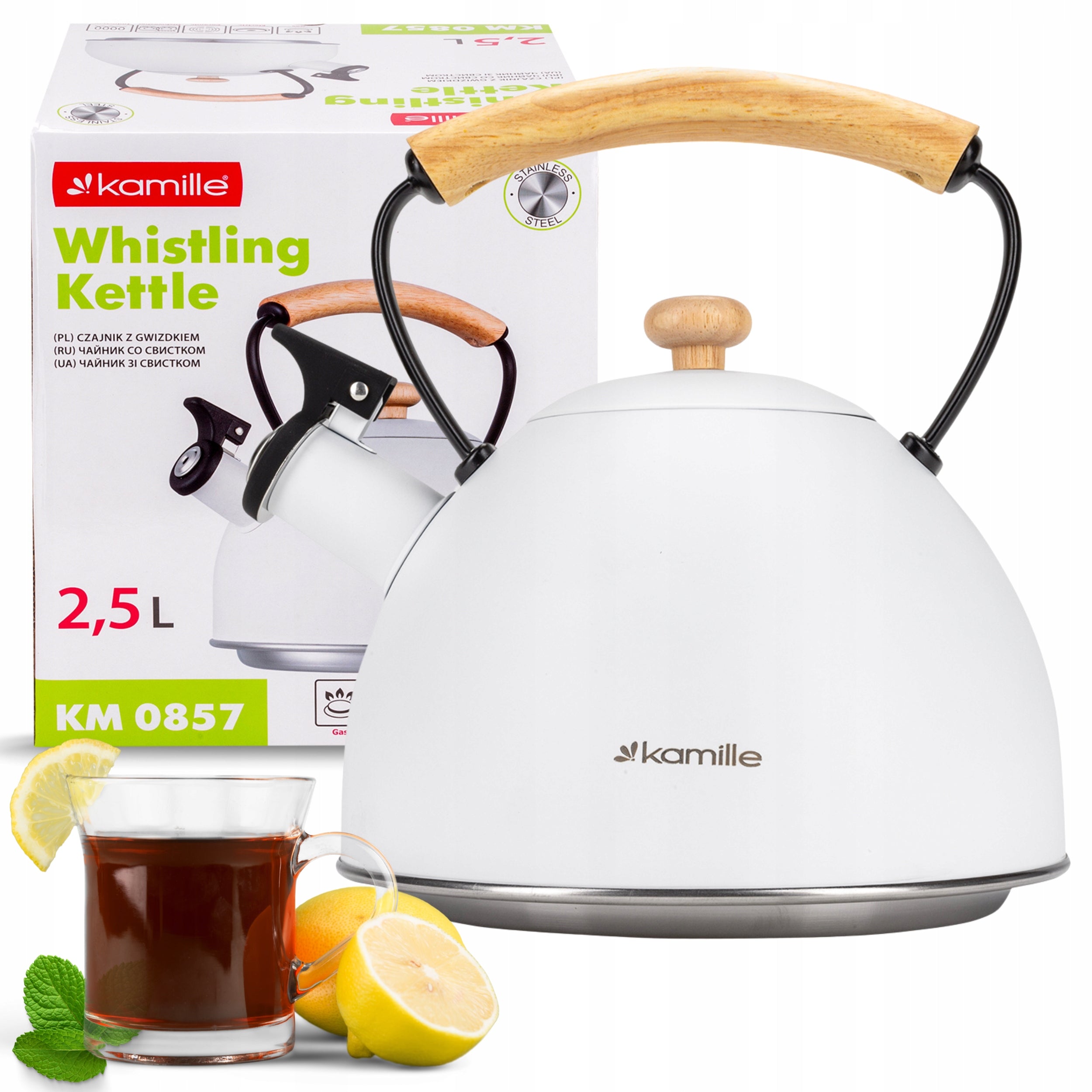 TRADITIONAL KETTLE WITH GAS WHISTLE INDUCTION KAMILLE steel white 2,5L