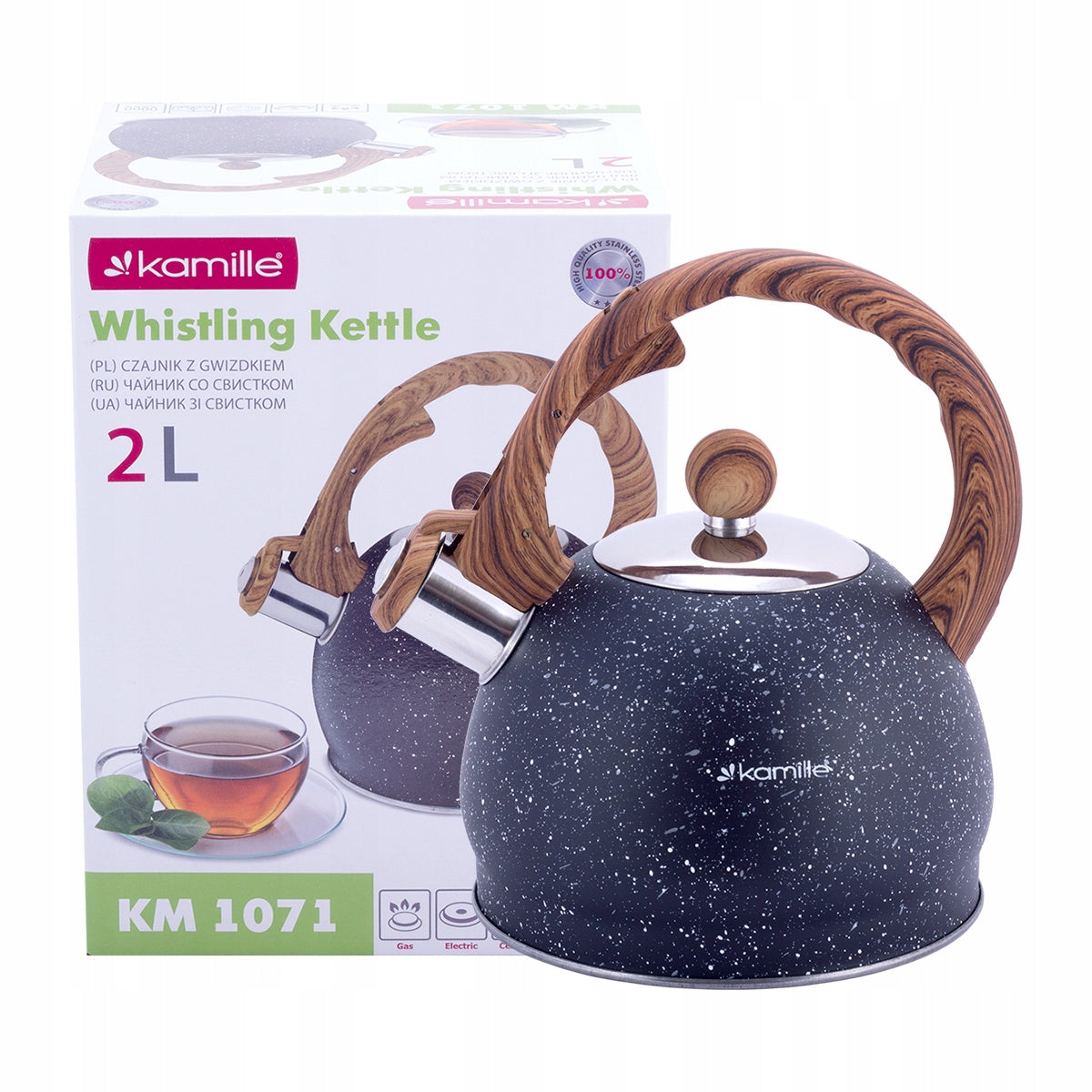TRADITIONAL STEEL KETTLE 2 L WITH GAS WHISTLE INDUCTION KAMILLE Packaging status original