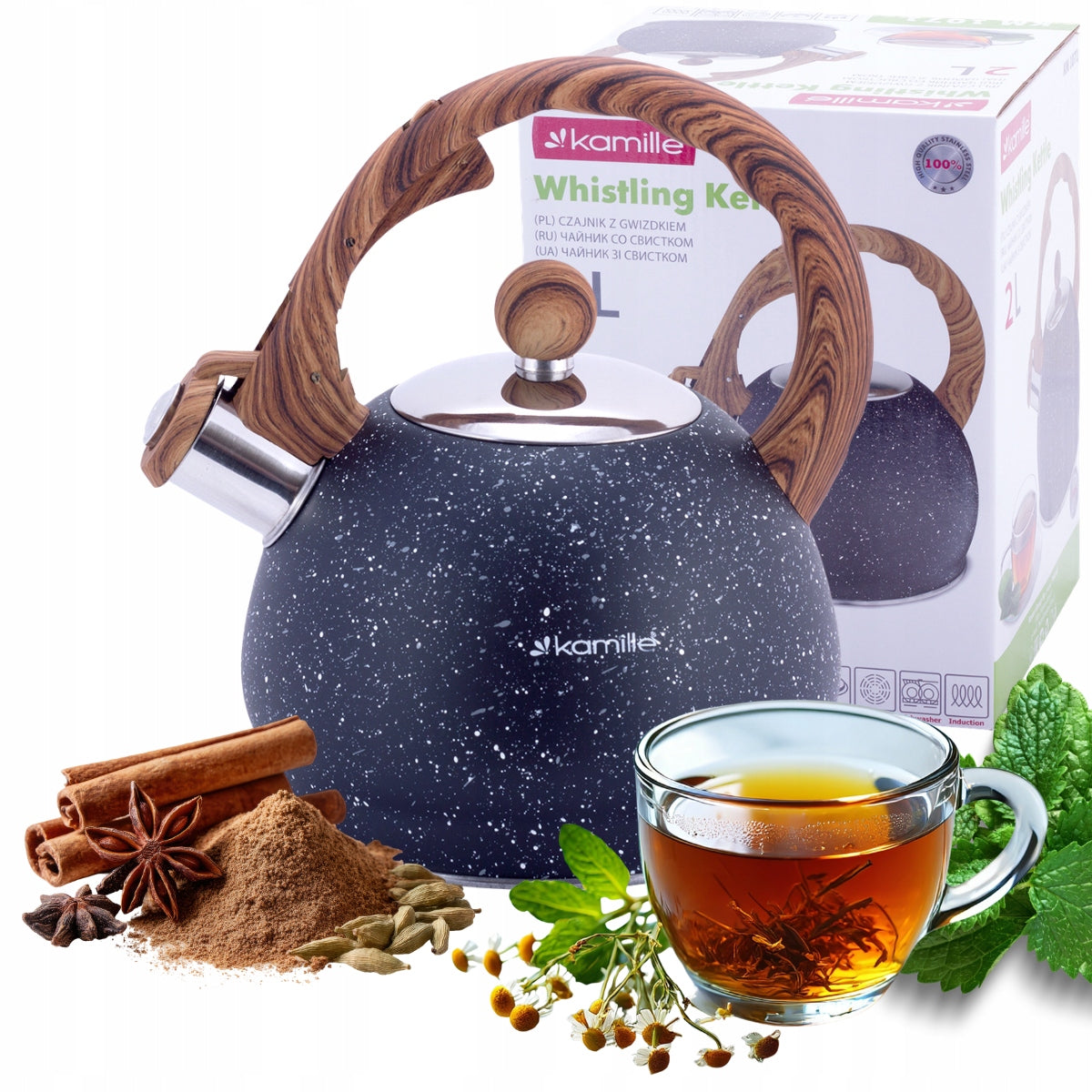 TRADITIONAL STEEL KETTLE 2 L WITH GAS WHISTLE INDUCTION KAMILLE