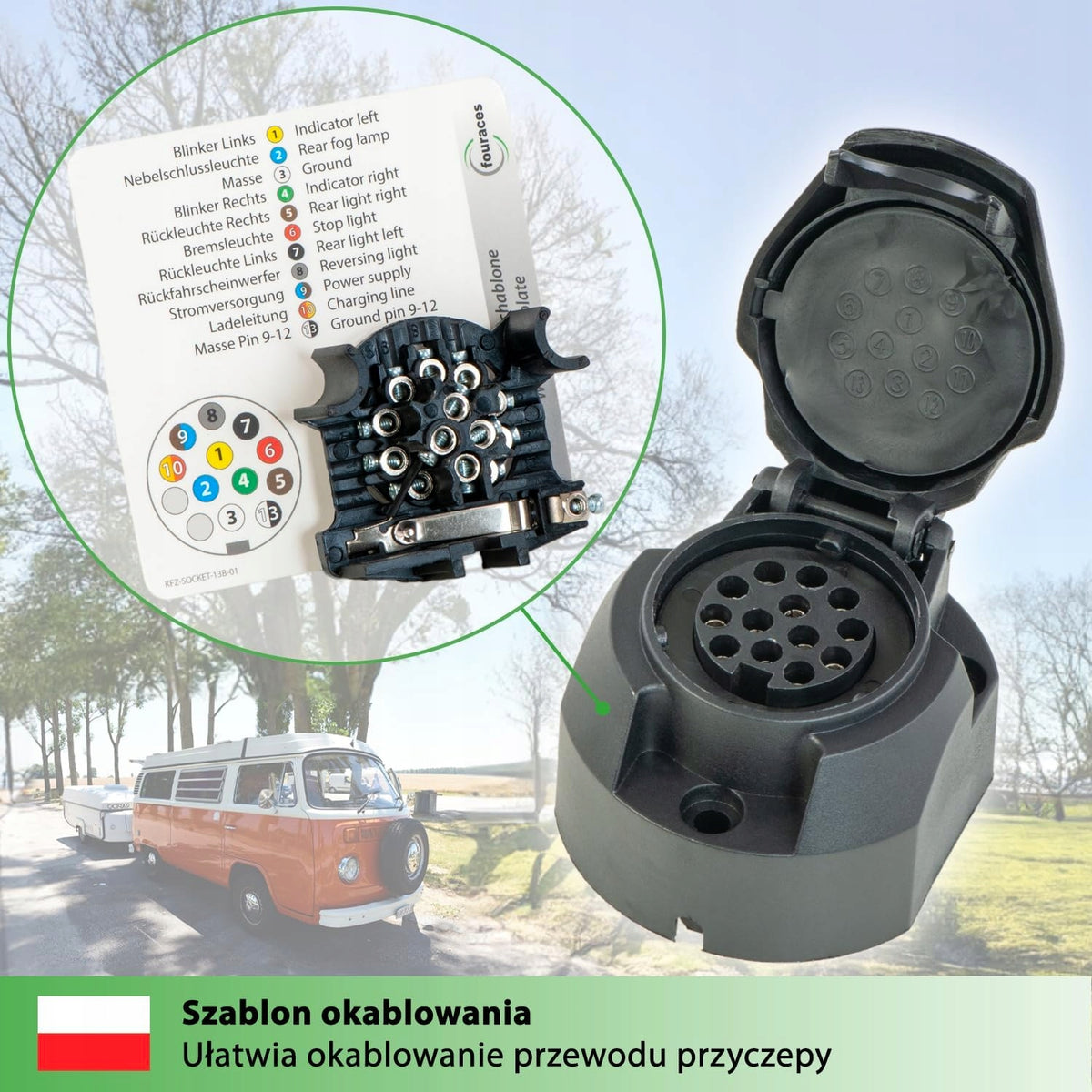 TRAILER SOCKET 13 PIN WITH TEMPLATE WATERPROOF PLASTIC HOUSING Kind 13 PIN