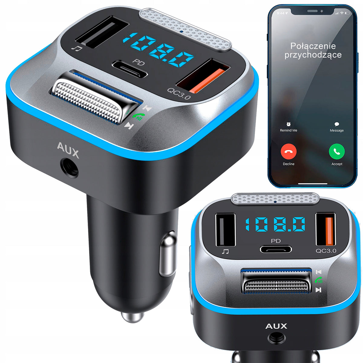 TRANSMITTER CAR CHARGER BLUETOOTH FM CAR USB C JACK QC 3.0