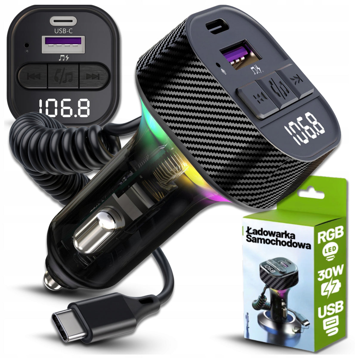 TRANSMITTER FM BLUETOOTH CAR CHARGER 30W BT 5.3 QC3.0 USB-C CABLE