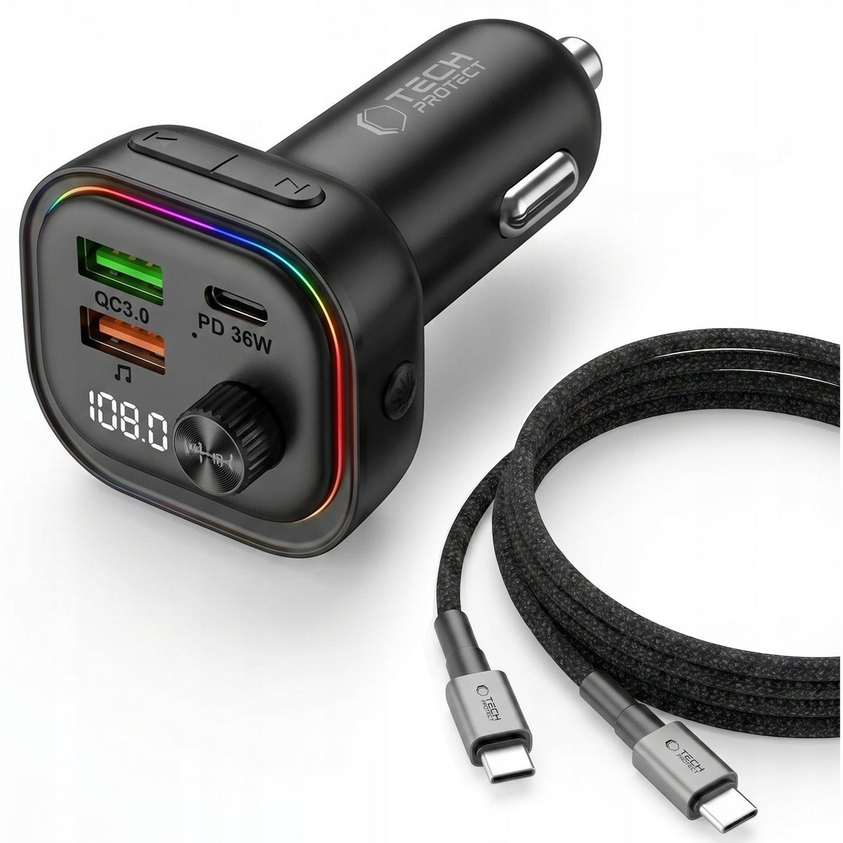 TRANSMITTER FM LED CAR CHARGER BLUETOOTH USB + CABLE TYPE-C 50 CM