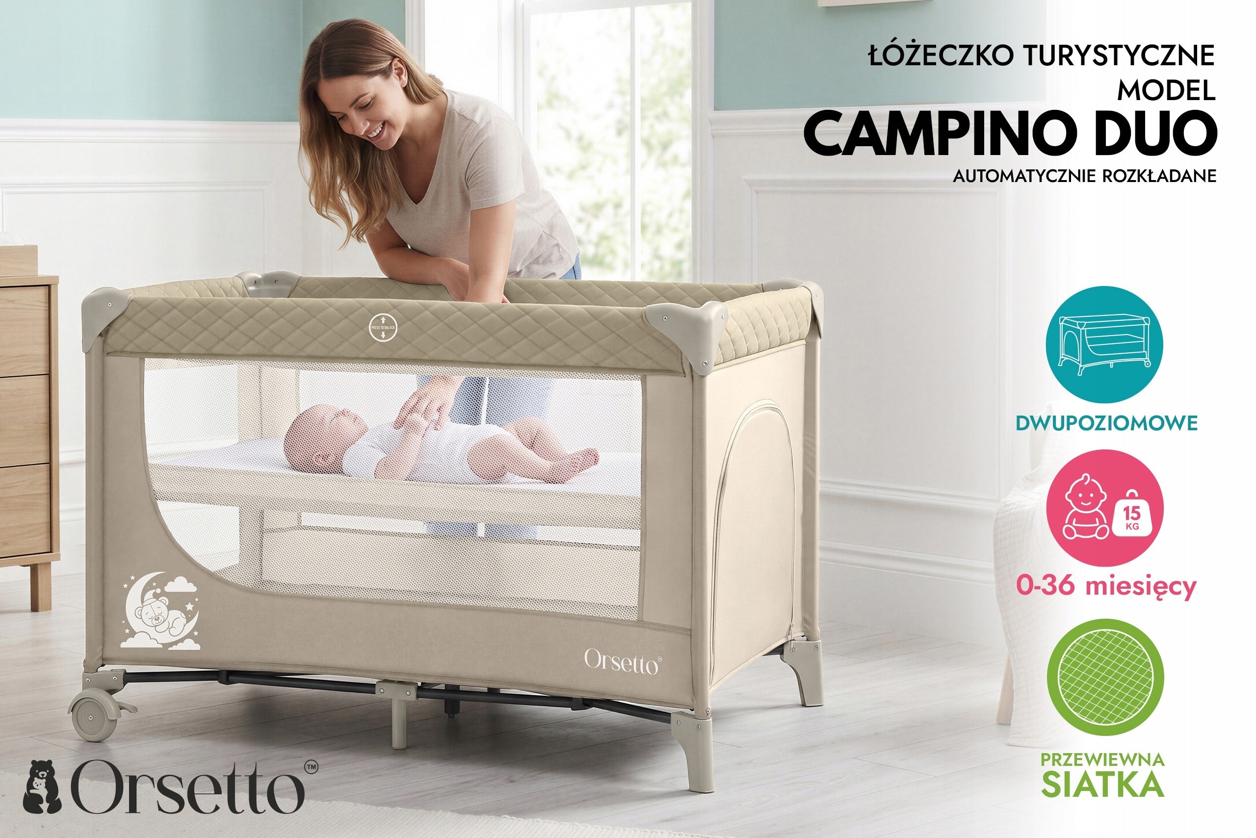 TRAVEL COT CAMPINO DUO II-LEVEL ORSETTO QUICK FOLD BEIGE Brand Orsetto