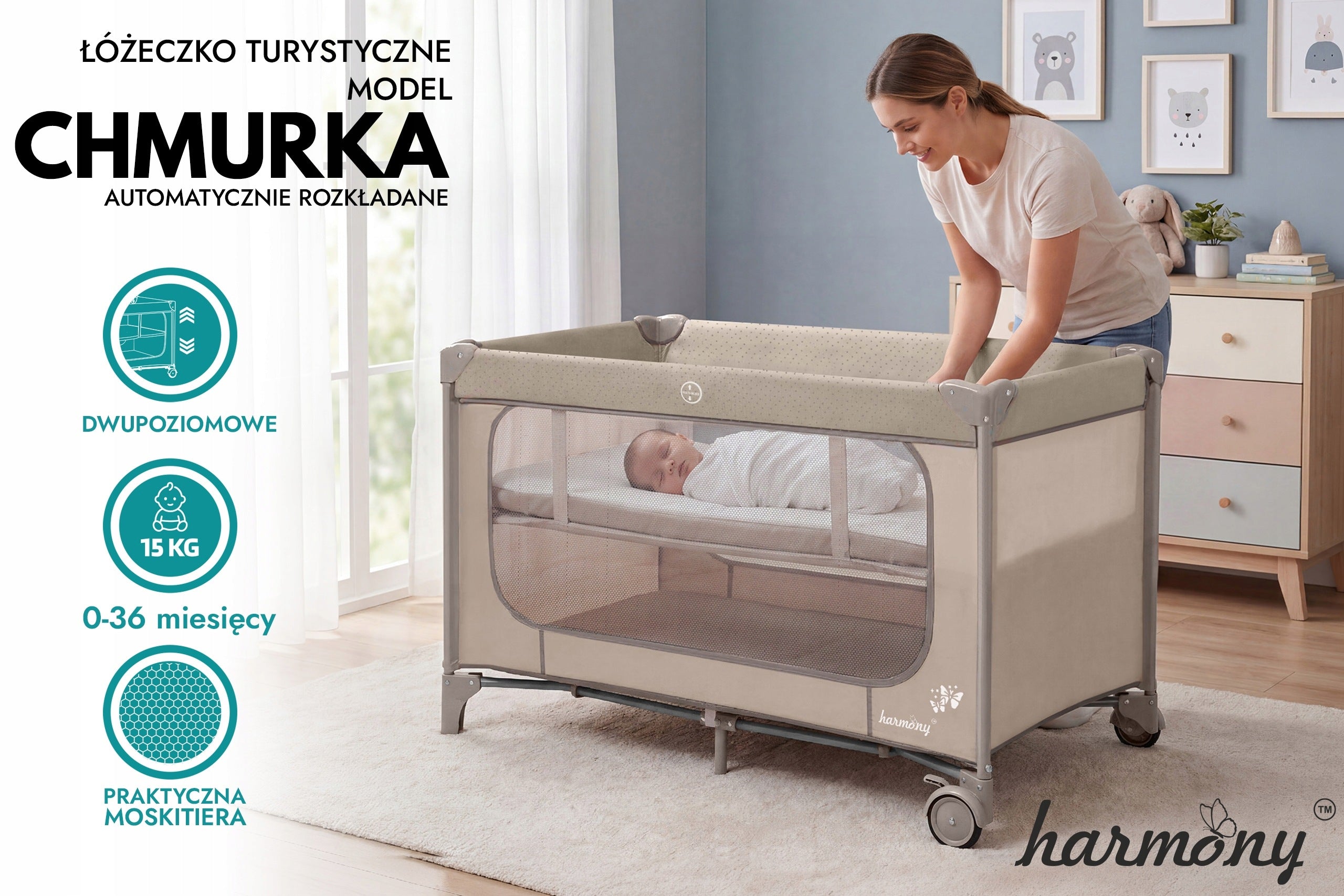 TRAVEL COT CLOUD TWO-LEVEL AUTOMATICALLY FOLDING + BAG Brand Harmony