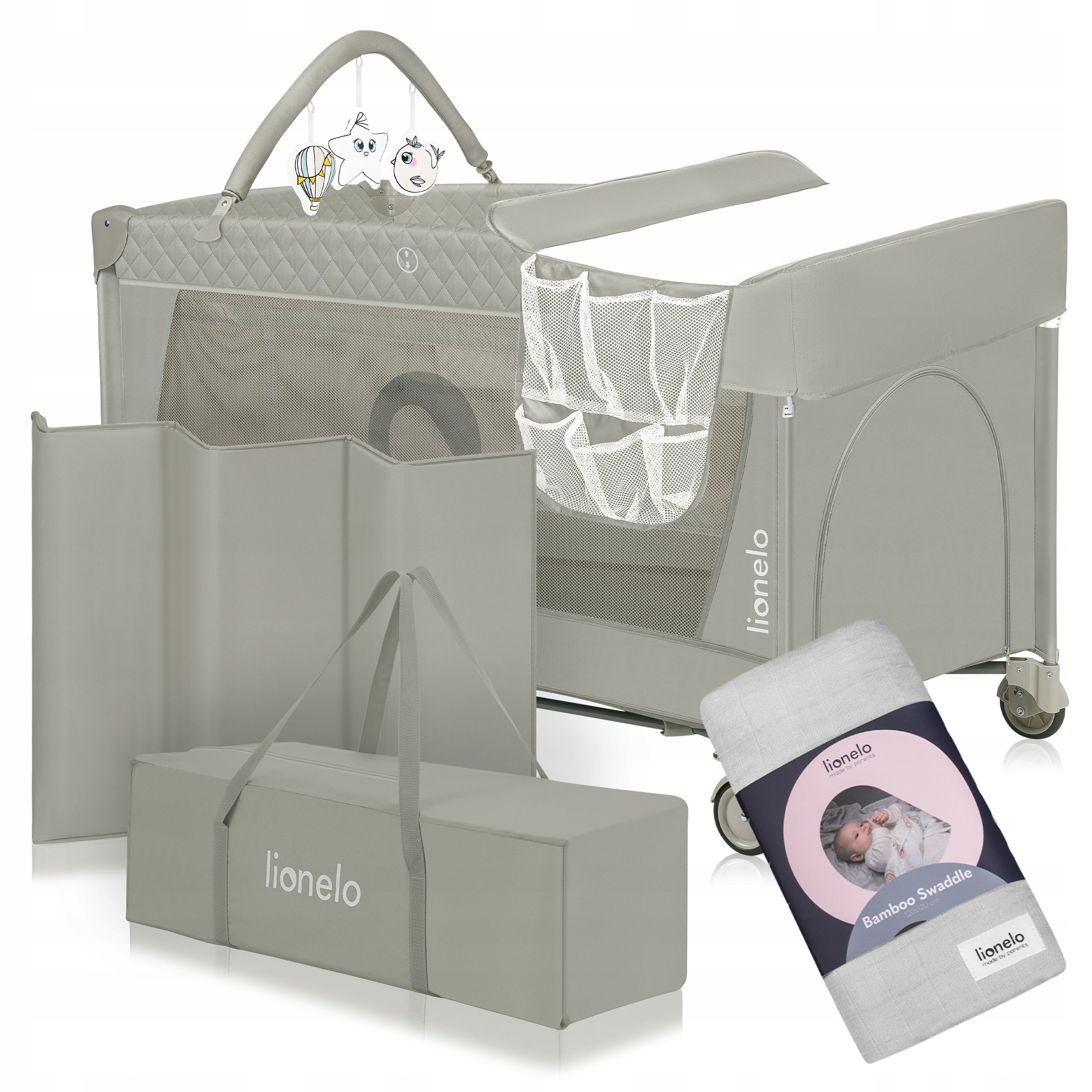 TRAVEL COT FOLDING CAROUSEL PLAYPEN CHANGING TABLE SWADDLE 4in1 LIONELO