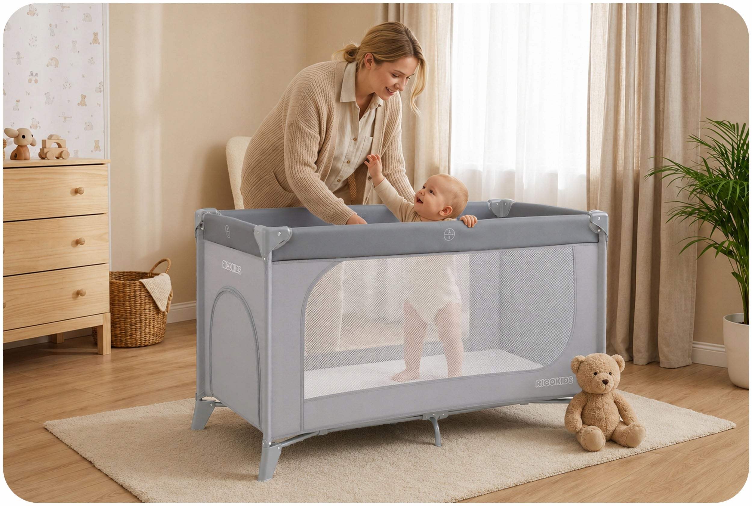 TRAVEL COT FOR CHILDREN FOLDING PLAYPEN RICOKIDS MATTRESS + BAG Brand RicoKids