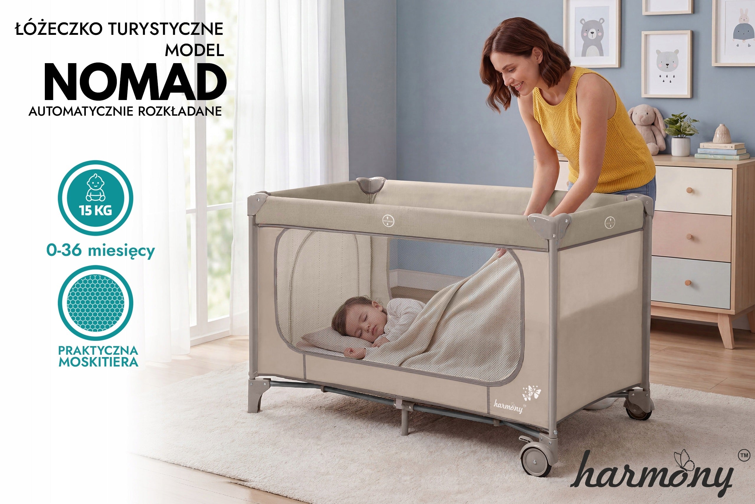 TRAVEL COT NOMAD HARMONY AUTOMATICALLY FOLDABLE + BEIGE BAG Brand Harmony