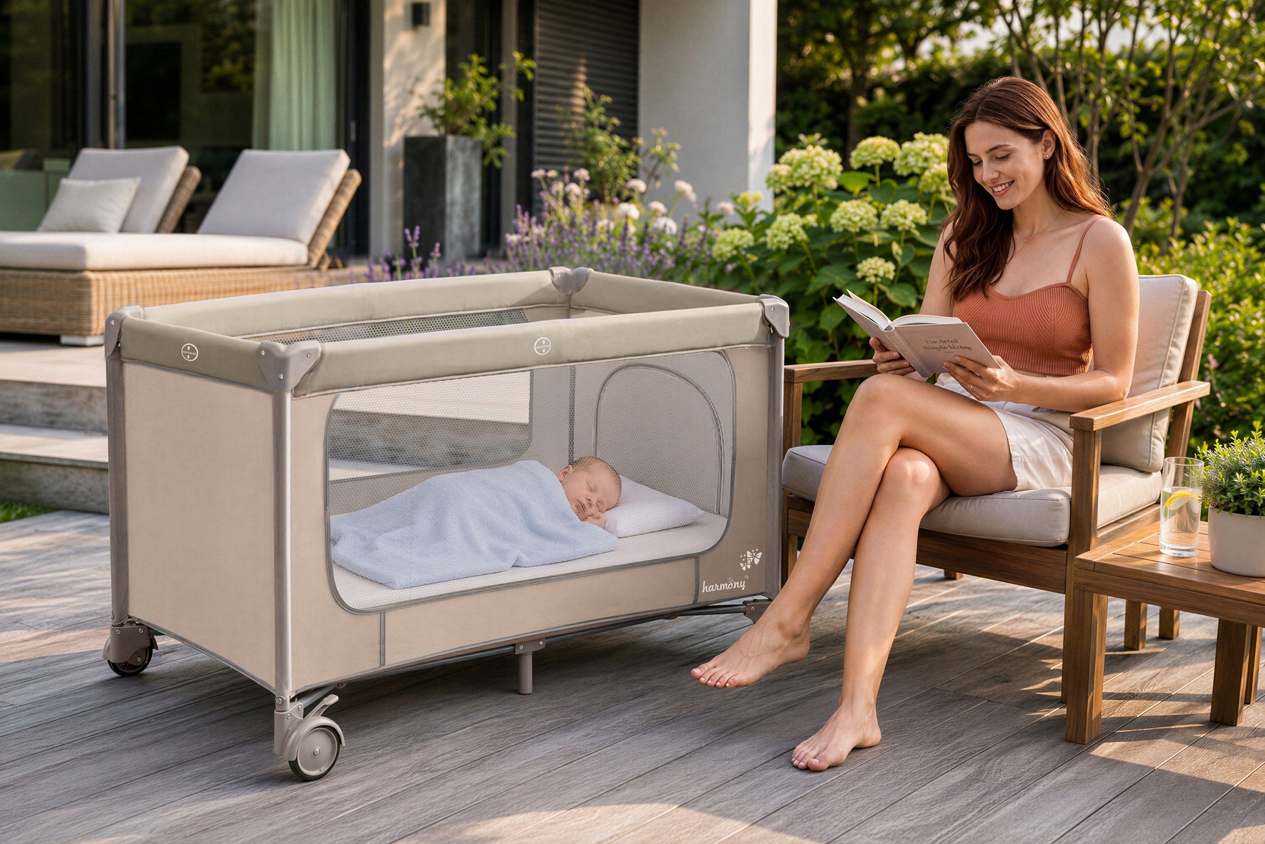 TRAVEL COT NOMAD HARMONY AUTOMATICALLY FOLDABLE + BEIGE BAG Color beige