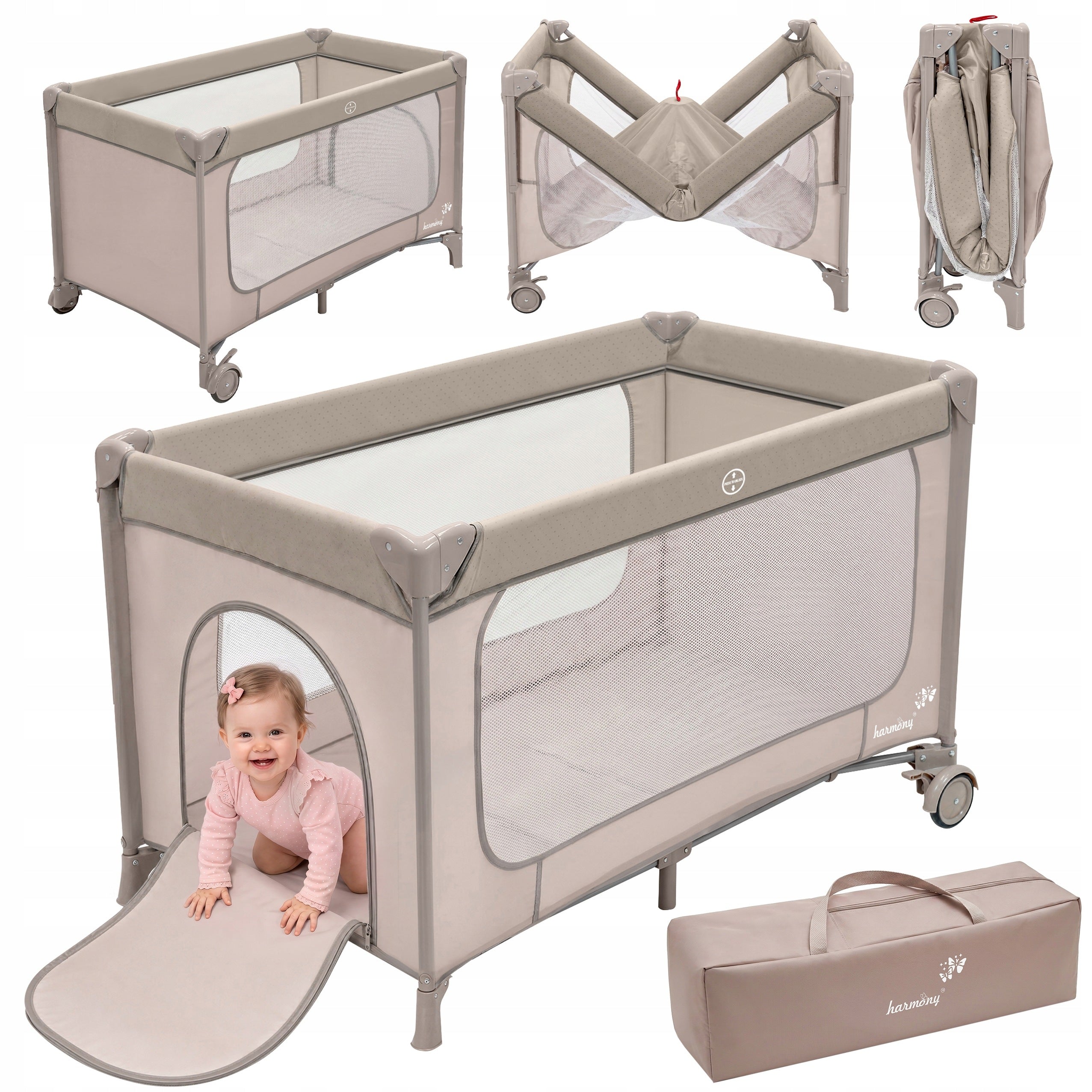TRAVEL COT NOMAD HARMONY AUTOMATICALLY FOLDABLE + BEIGE BAG