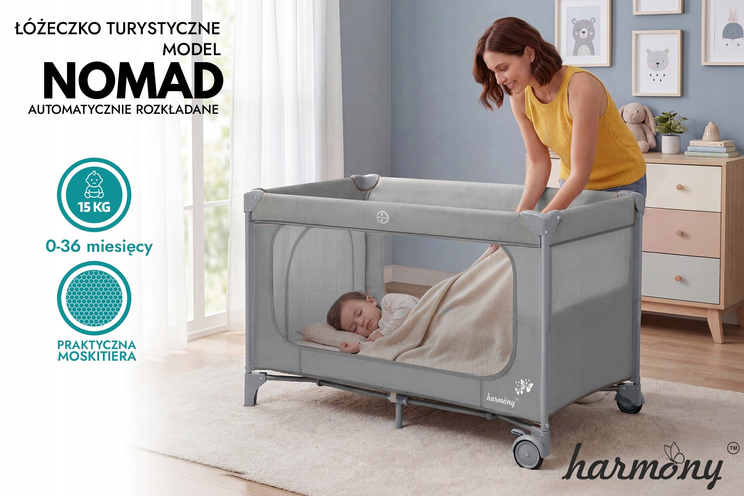 TRAVEL COT NOMAD HARMONY AUTOMATICALLY FOLDABLE + GREY BAG Manufacturer code 5905226126532