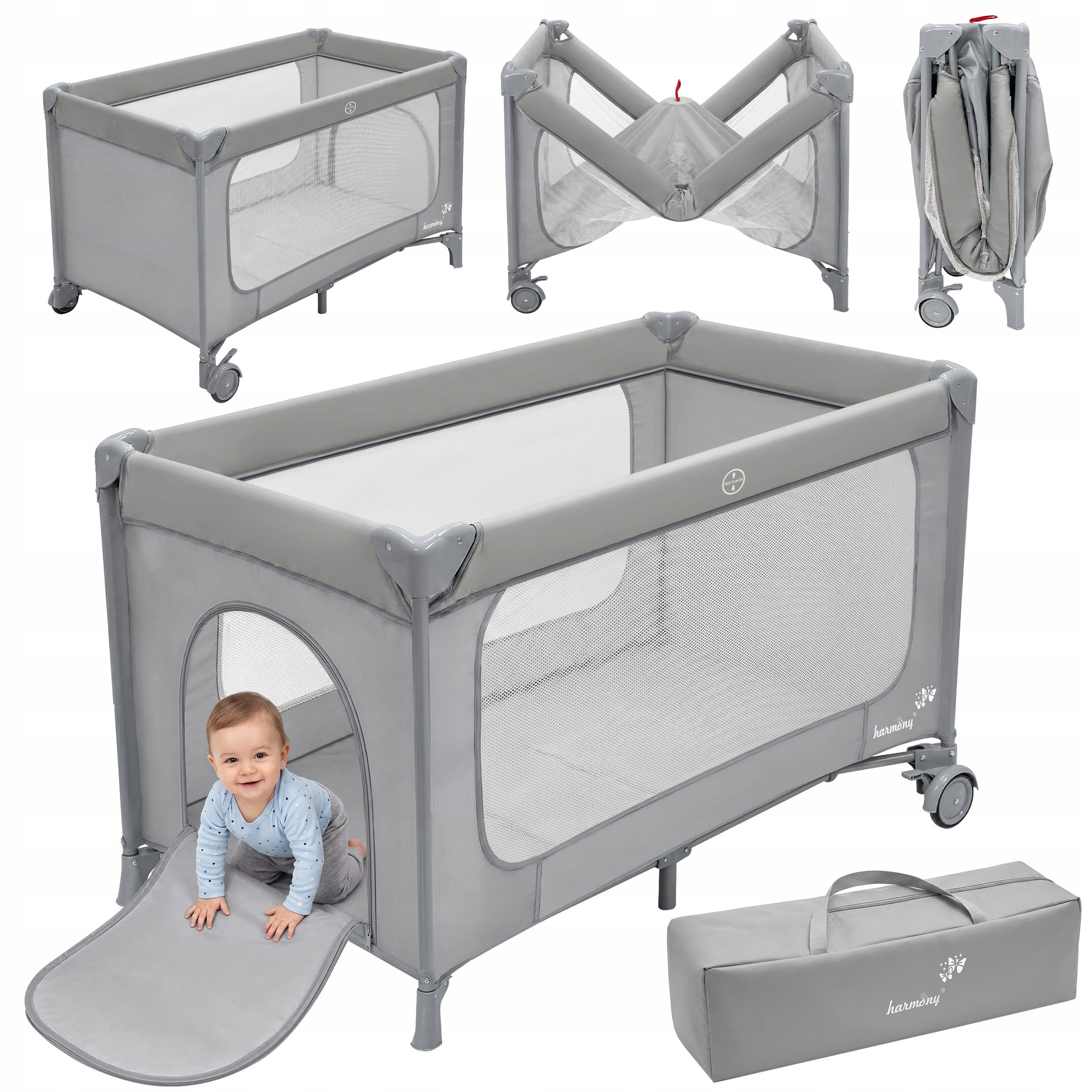 TRAVEL COT NOMAD HARMONY AUTOMATICALLY FOLDABLE + GREY BAG