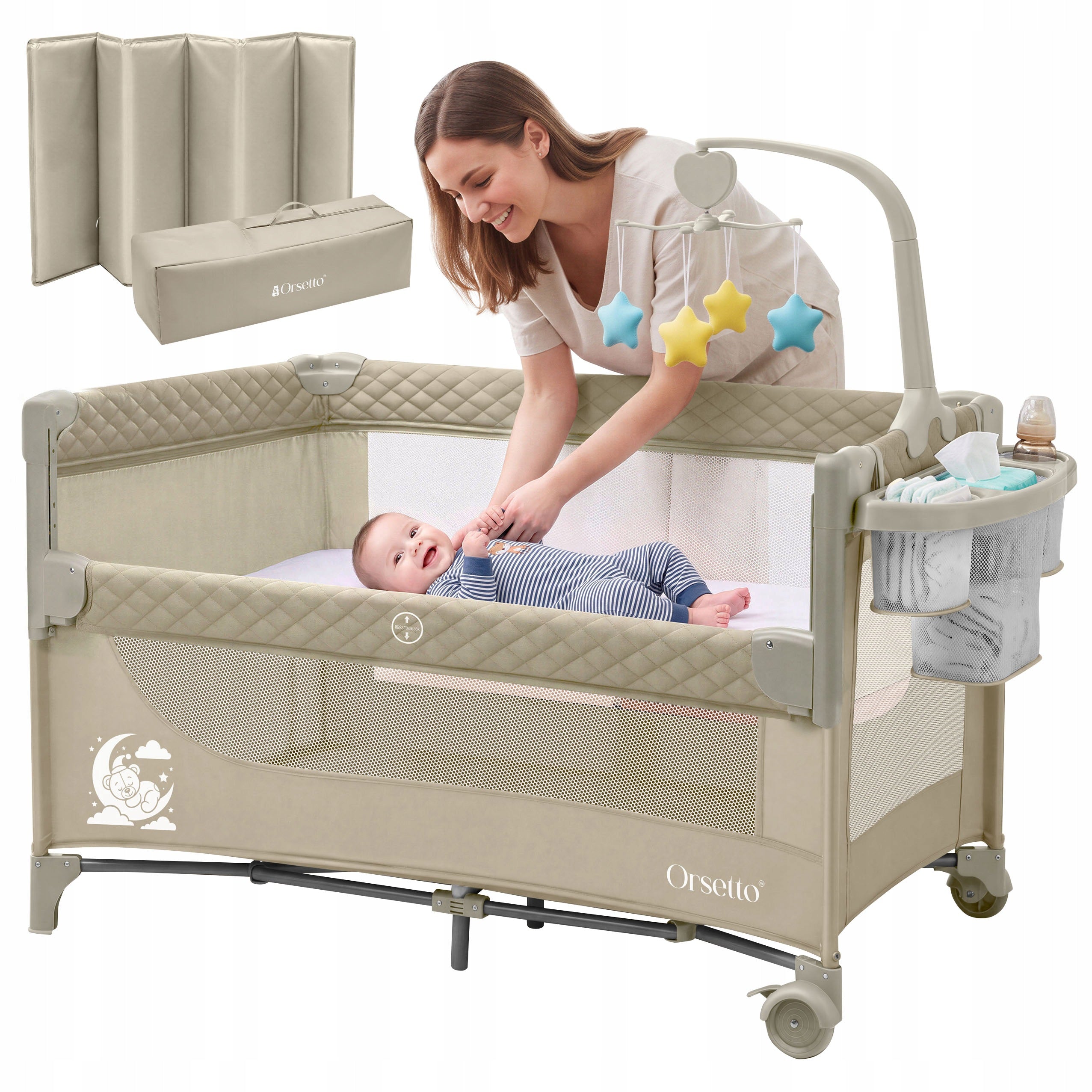 TRAVEL COT ORSETTO FOLDING QUICK FOLD + CAROUSEL ORGANIZER BEIGE