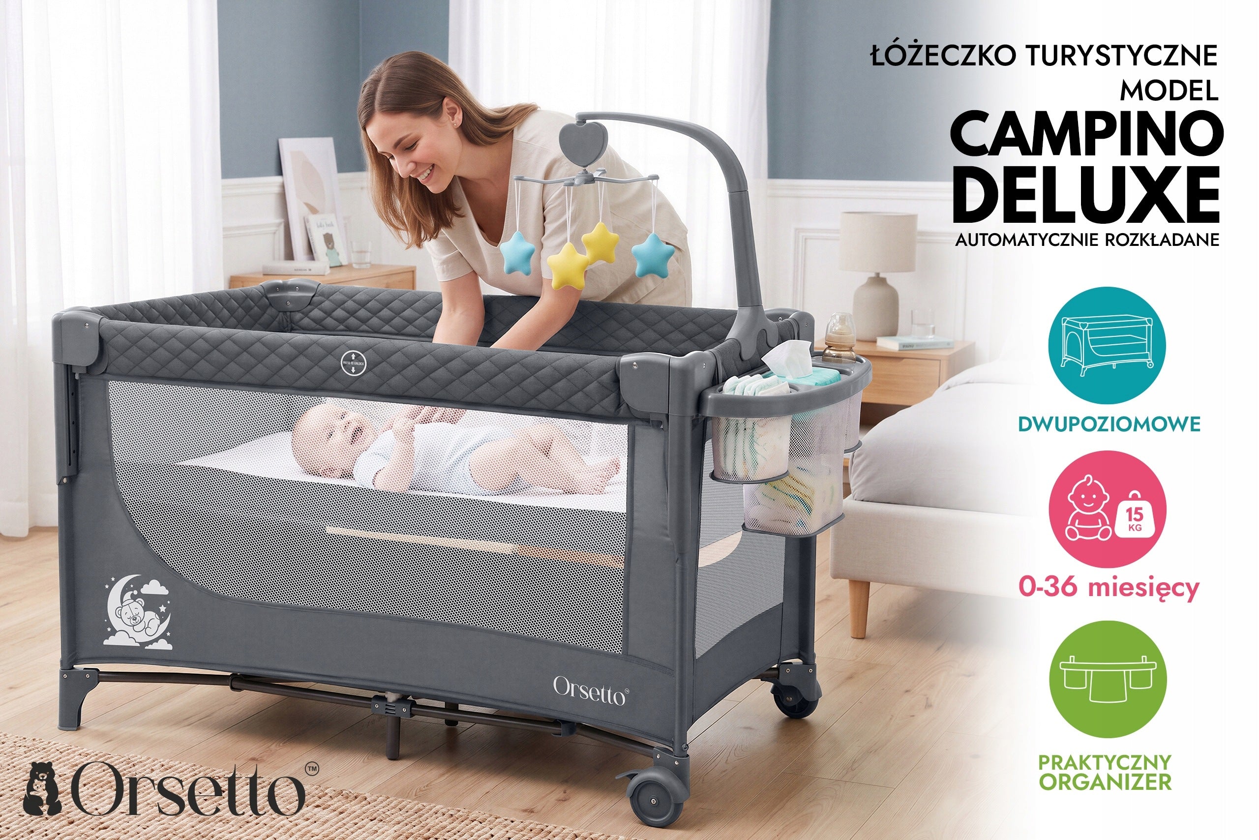 TRAVEL COT ORSETTO FOLDING QUICK FOLD + CAROUSEL ORGANIZER GREY Brand Orsetto
