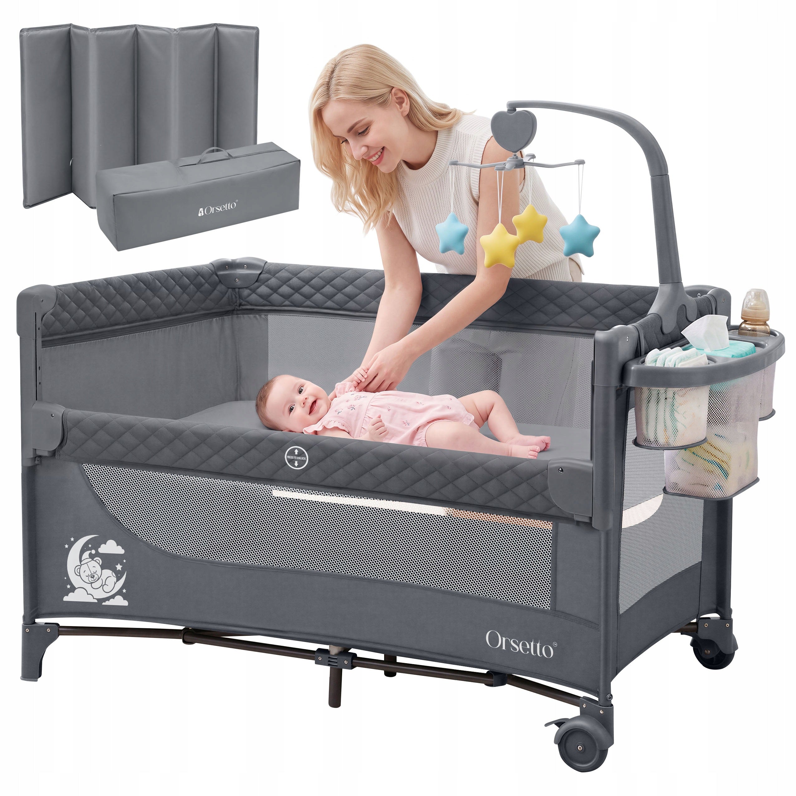 TRAVEL COT ORSETTO FOLDING QUICK FOLD + CAROUSEL ORGANIZER GREY