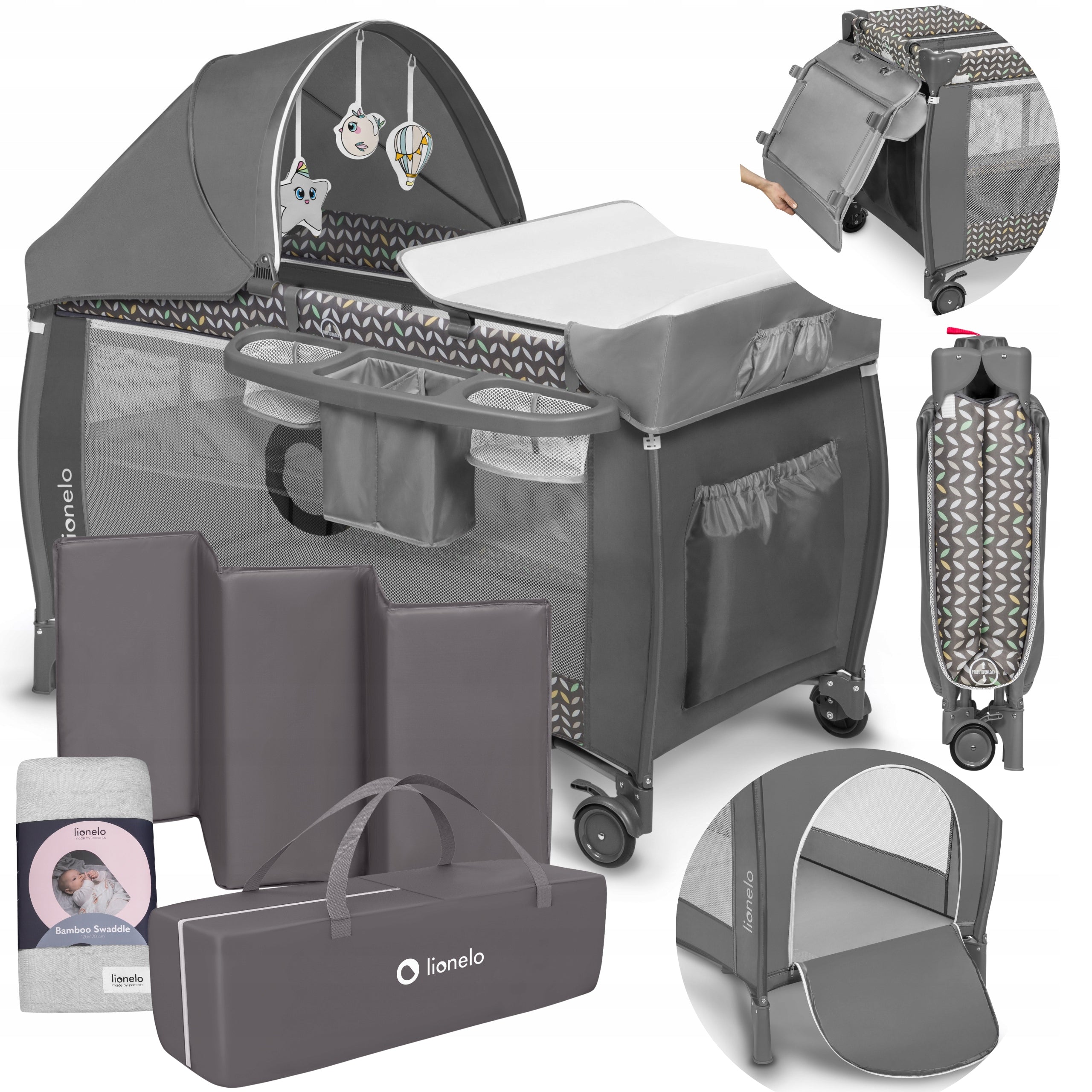 TRAVEL COT PLAYPEN LIONELO SVEN + BAMBOO SWADDLE GREY Packaging status original