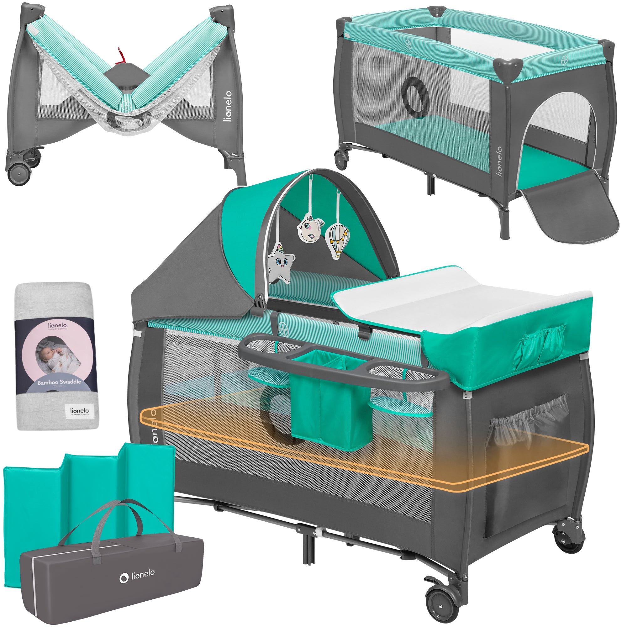 TRAVEL COT PLAYPEN LIONELO SVEN + BAMBOO SWADDLE GREY