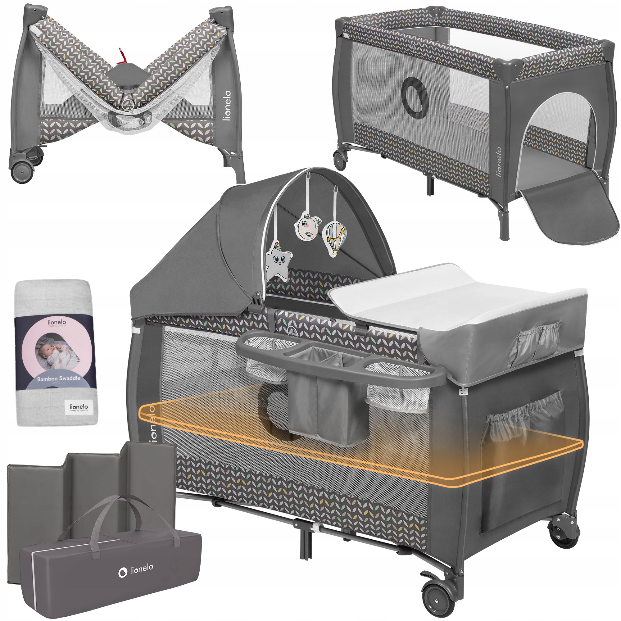 TRAVEL COT PLAYPEN LIONELO SVEN + BAMBOO SWADDLE GREY