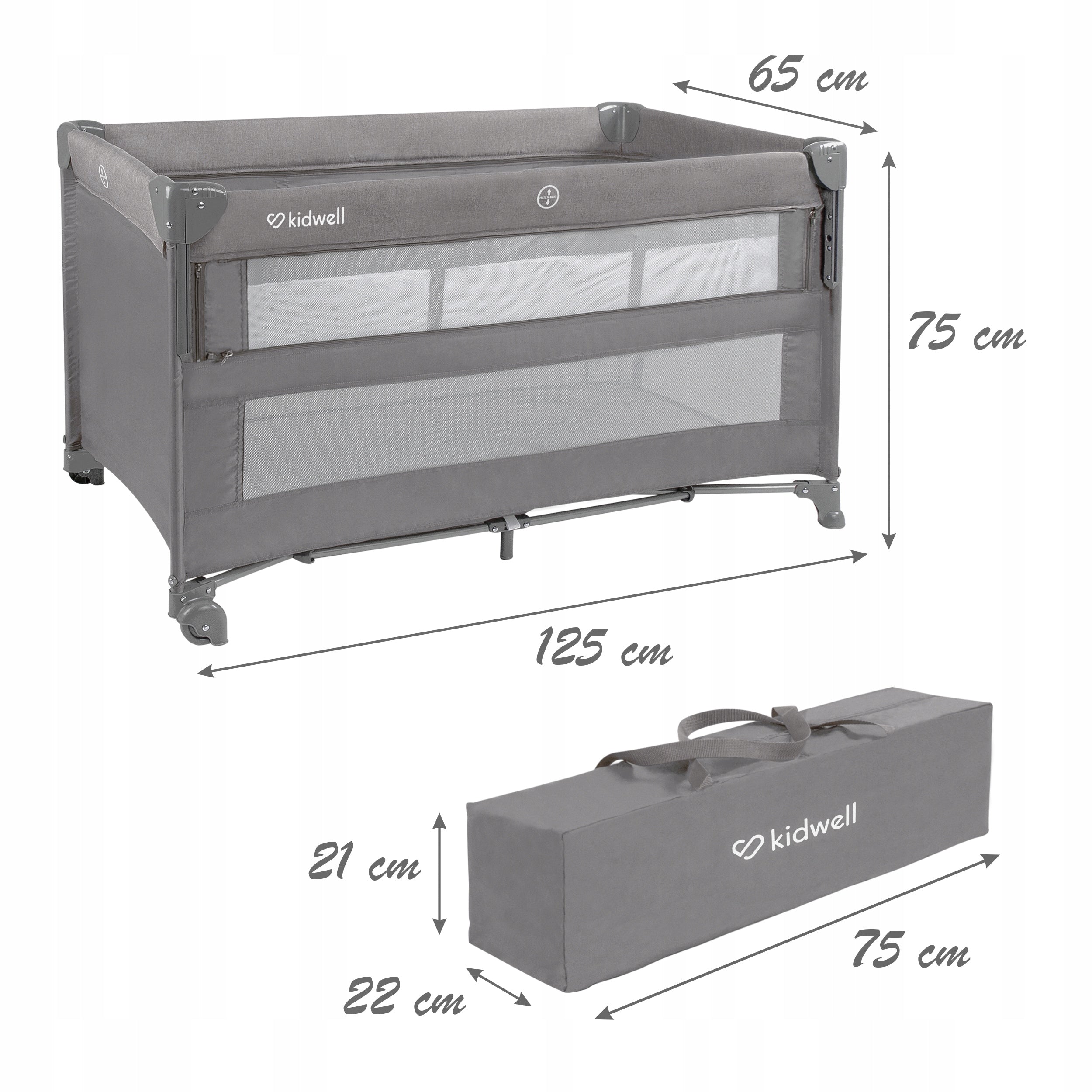 TRAVEL COT TWO-LEVEL BLISSY LIFT GRAY KIDWELL LOWERED SIDE Packaging status original