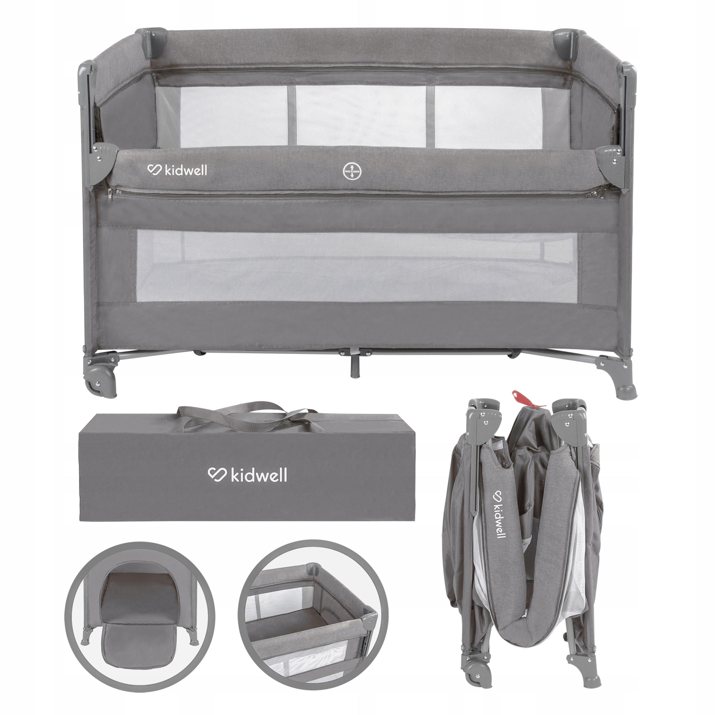 TRAVEL COT TWO-LEVEL BLISSY LIFT GRAY KIDWELL LOWERED SIDE