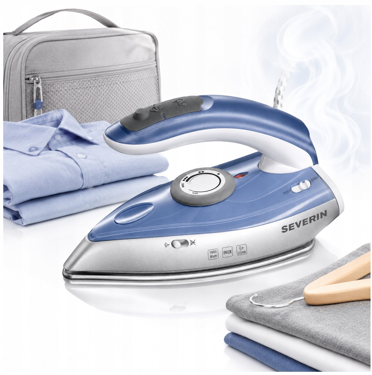 TRAVEL IRON 1000W PAIR 40G/MIN STEEL FOLDING HANDLE SEVERIN BA3234
