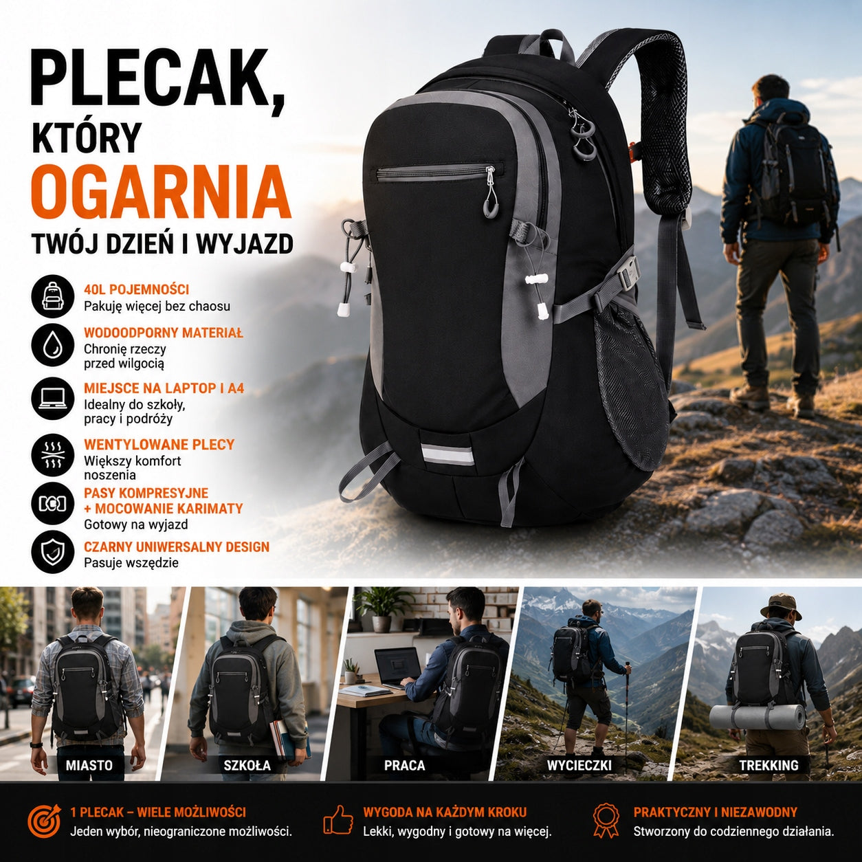TREKKING BACKPACK 40L CITY SCHOOL FOR LAPTOP A4 FOR TRAVEL Manufacturer code MIEJSKI SZKOLNY NA LAPTOP A4 NA WYJAZD