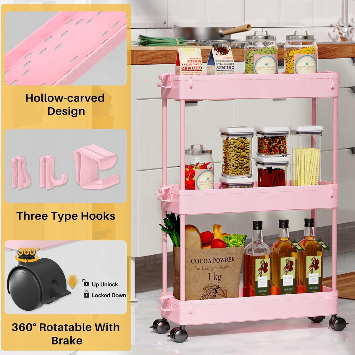 TROLLEY, NARROW ORGANIZER ON WHEELS KITCHEN, BATHROOM, OFFICE PINK Brand Spacekeeper