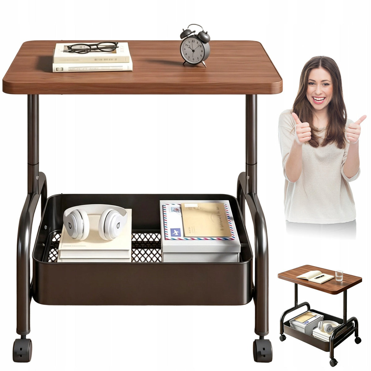 TROLLEY ON WHEELS PORTABLE BEDSIDE TABLE 2 LEVELS WHEELS WITH BRAKE OFFICE