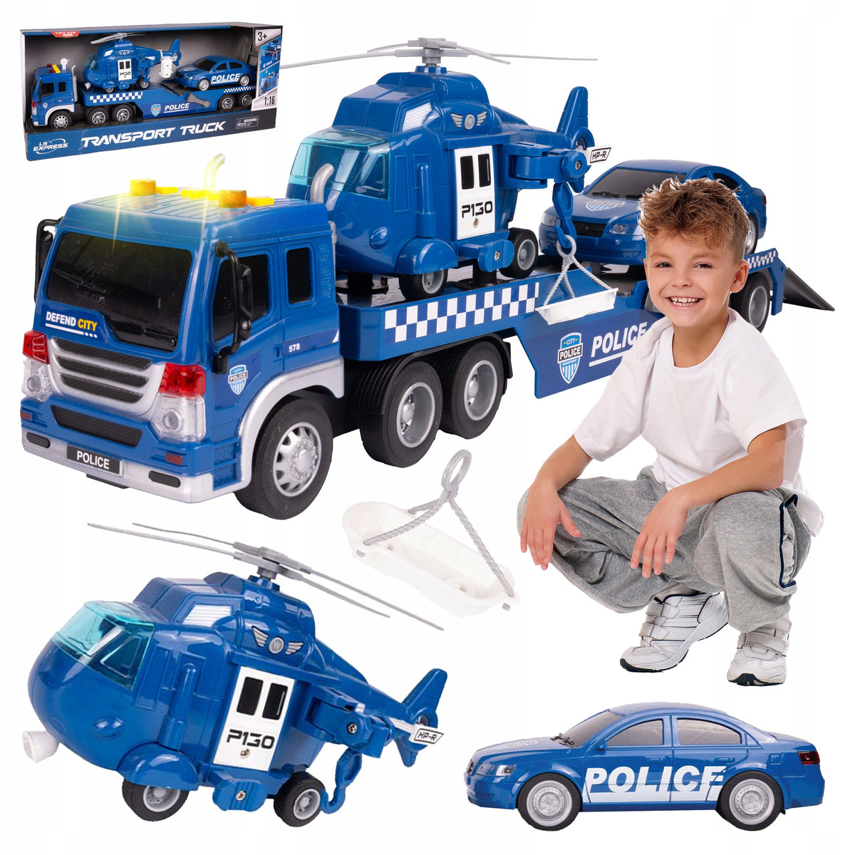 TRUCK WITH TOW TRUCK AUTO HELICOPTER SOUND LED DRIVE MOVING PARTS 1:16 Kid's age 3＋ years