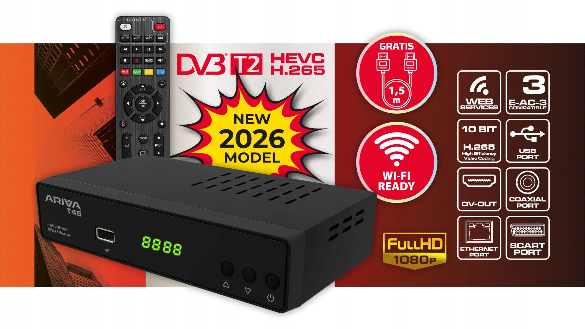 TUNER Ariva T45 terrestrial TV set-top box T2 H265 FERGUSON HDMI Packaging status original