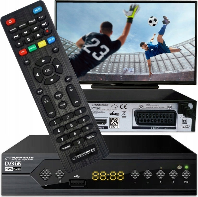 TUNER DECODER DVB-T2 TERRESTRIAL TV H.265 HEVC FULL HD USB HDMI + REMOTE CONTROL