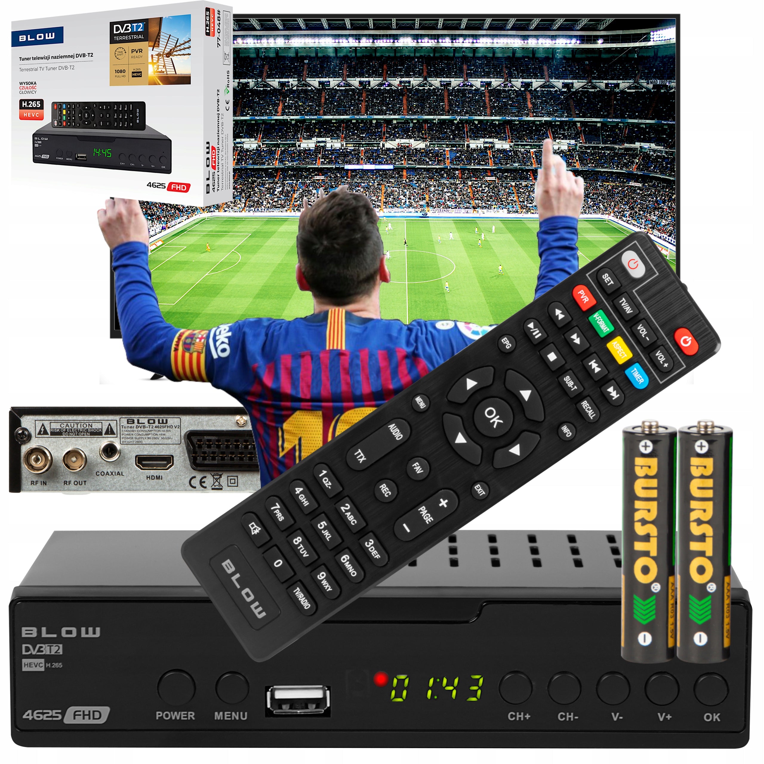 TUNER DECODER HDMI FULL HD DVB-T2 TV H.265 HEVC USB BATTERIES REMOTE CONTROL
