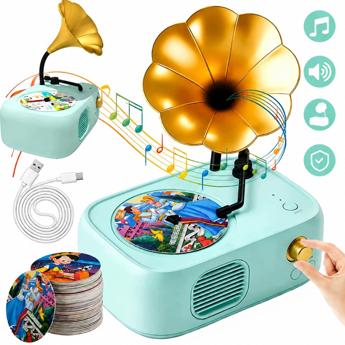 TURNTABLE FOR CHILDREN WITH 96 CARDS, SONGS AND RECORDING CARDS Kind barrel organ
