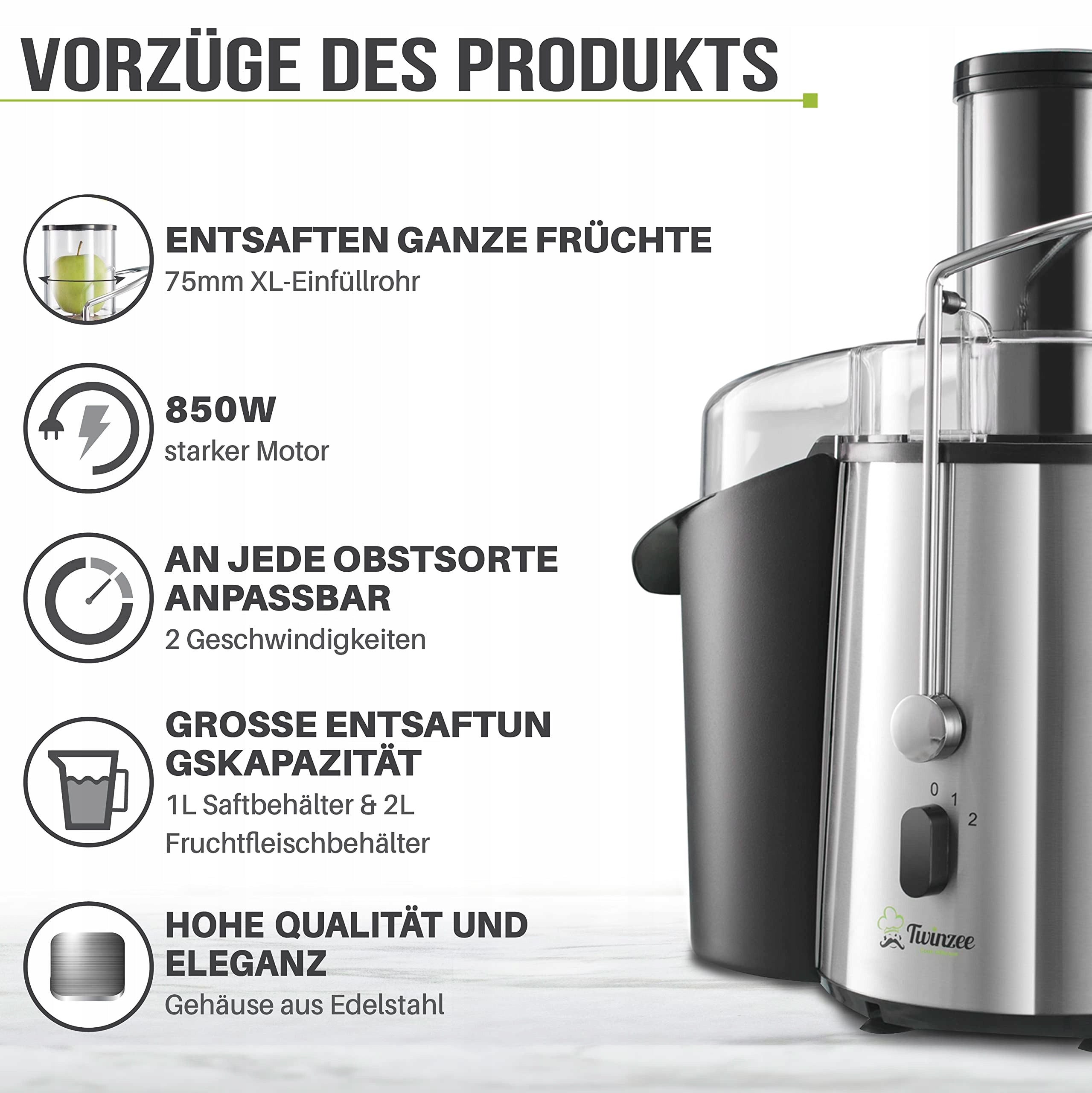 TWINZEE Juicer 850W 2 Speeds Large Inlet Non-Slip Power rating 850 W