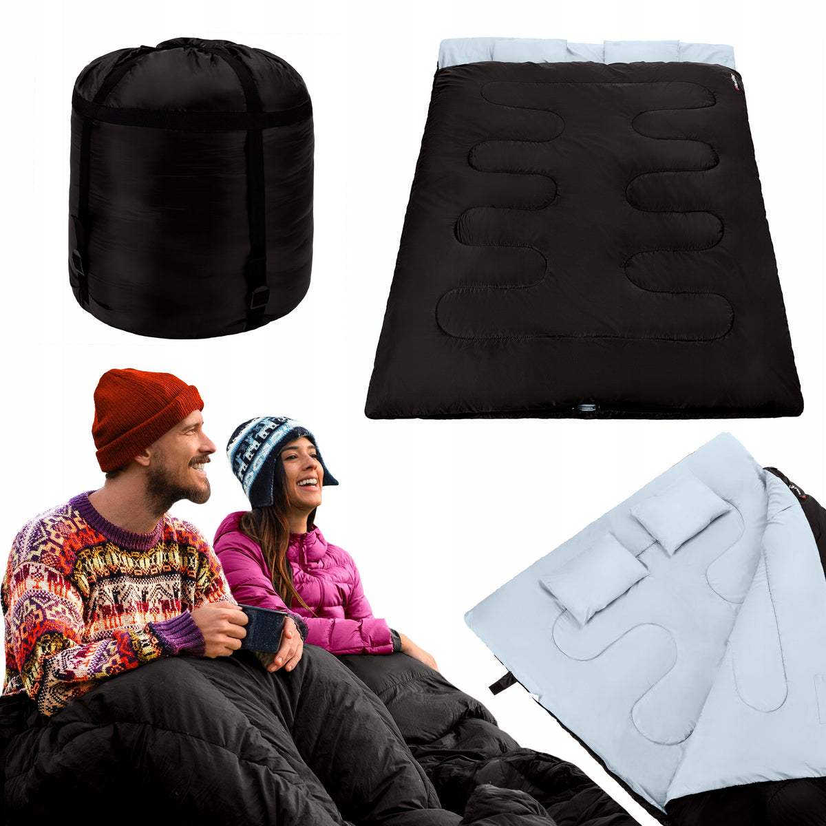 TWO-PERSON HIKING SLEEPING BAG DUVET WITH PILLOWS WINTER WARM 350g/m2