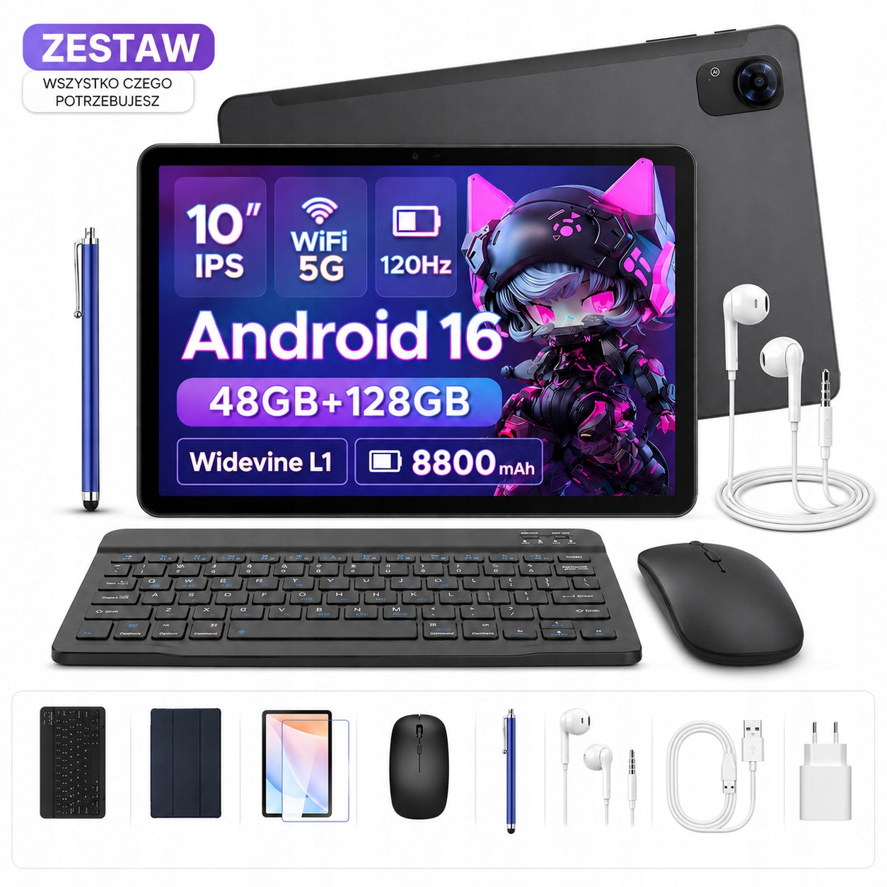 Tablet 10,1''2w1 Aorlym P10PRO 48+128GB Android16 Zestaw z Klawiaturą i PAN